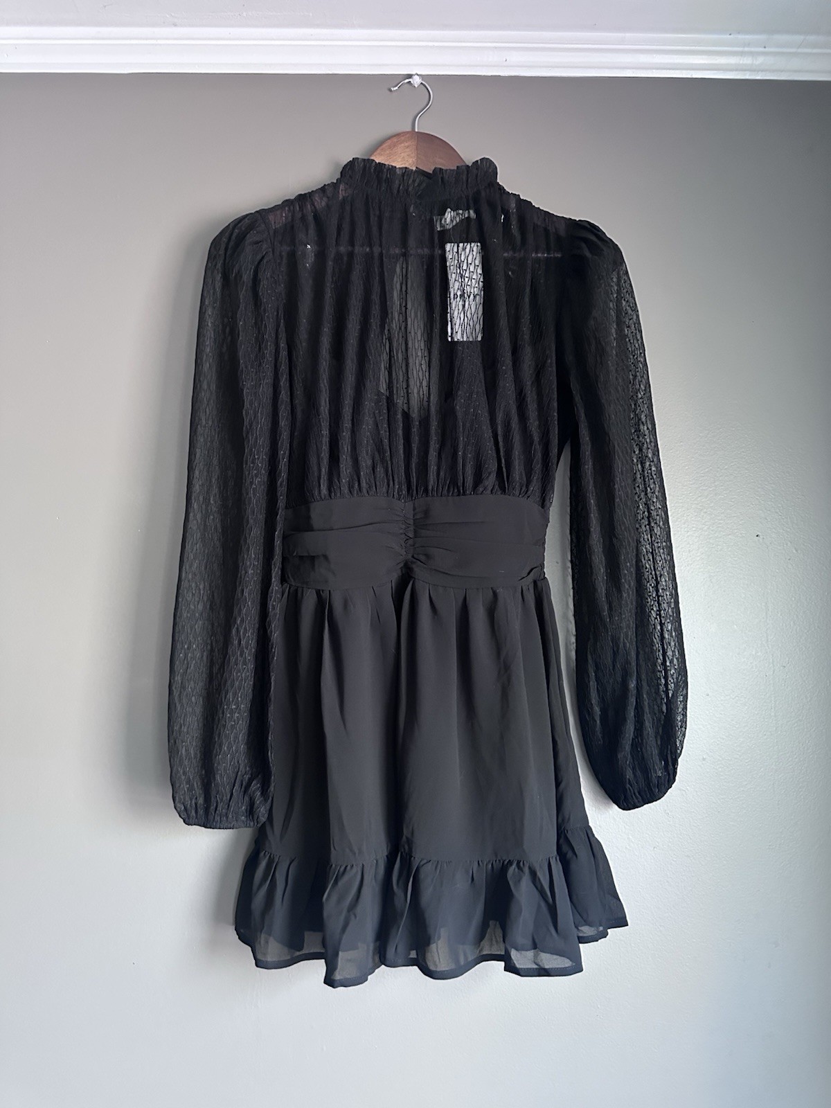 Privy Black Sheer-Sleeve Ruffle Hem Mini Dress Size Small Long Sleeve Dress