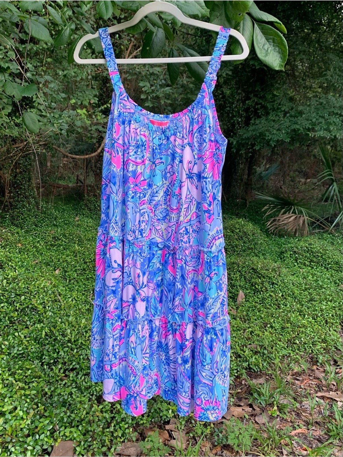 Lilly Pulitzer Loro Tiered Swing Dress Floral Size Large EUC Blue Pink