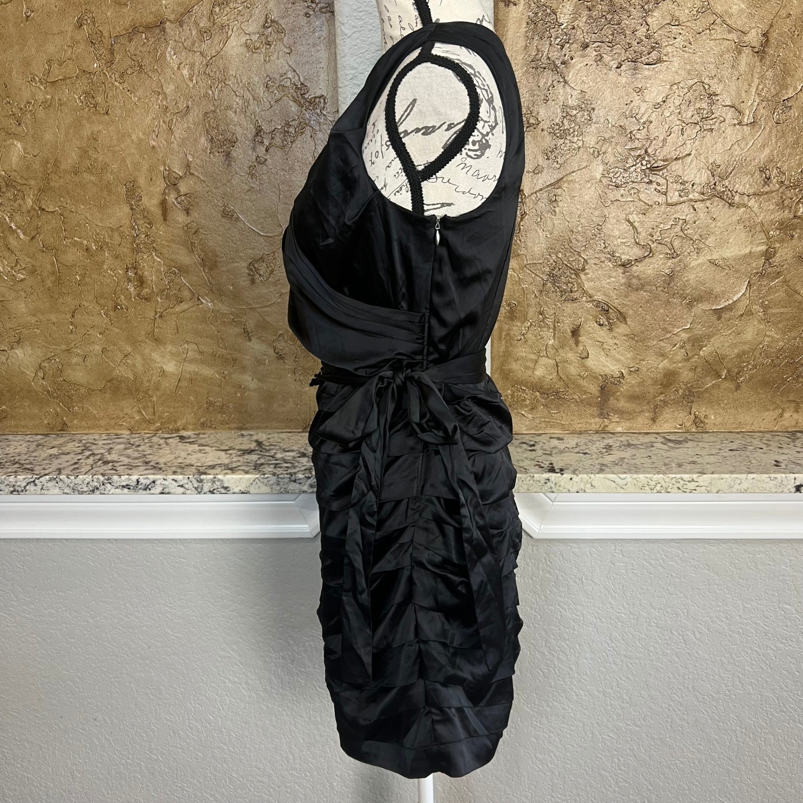 NWD Express Ruched Mini Dress Sz 10 Black Satin Faux Wrap V-Neck Party Cocktail