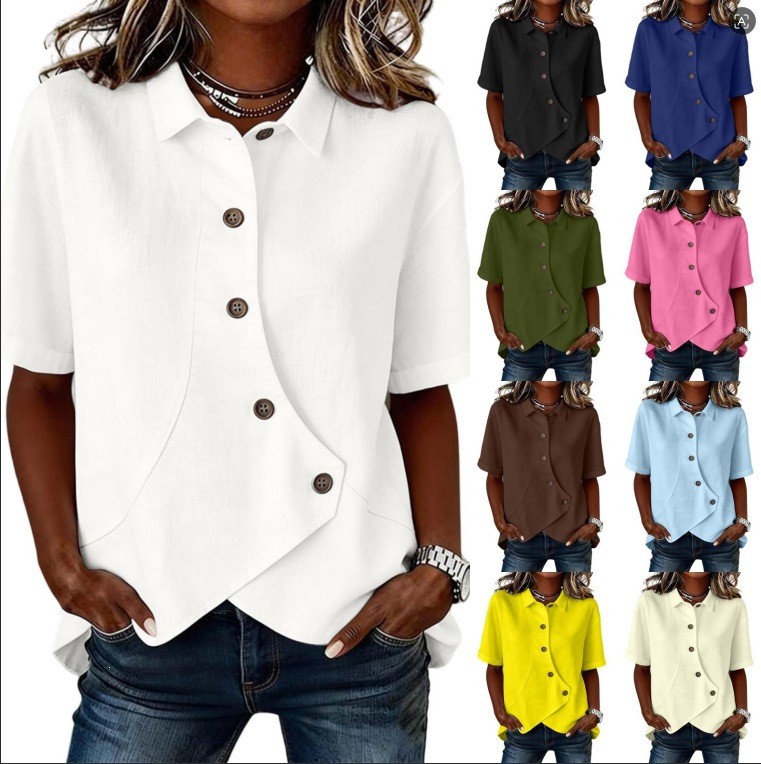 Womens Casual Solid-color Irregular-button Blouse Loose-fit Short Sleeves