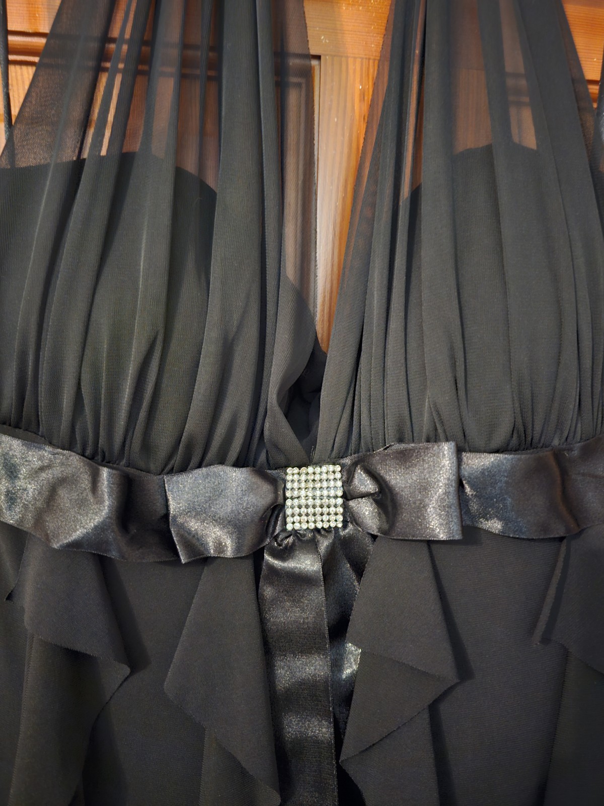 DJ-JAZ Black Solid Halter Sleeveless Ruffle Bow Rhinestone Zip Maxi Dress 14
