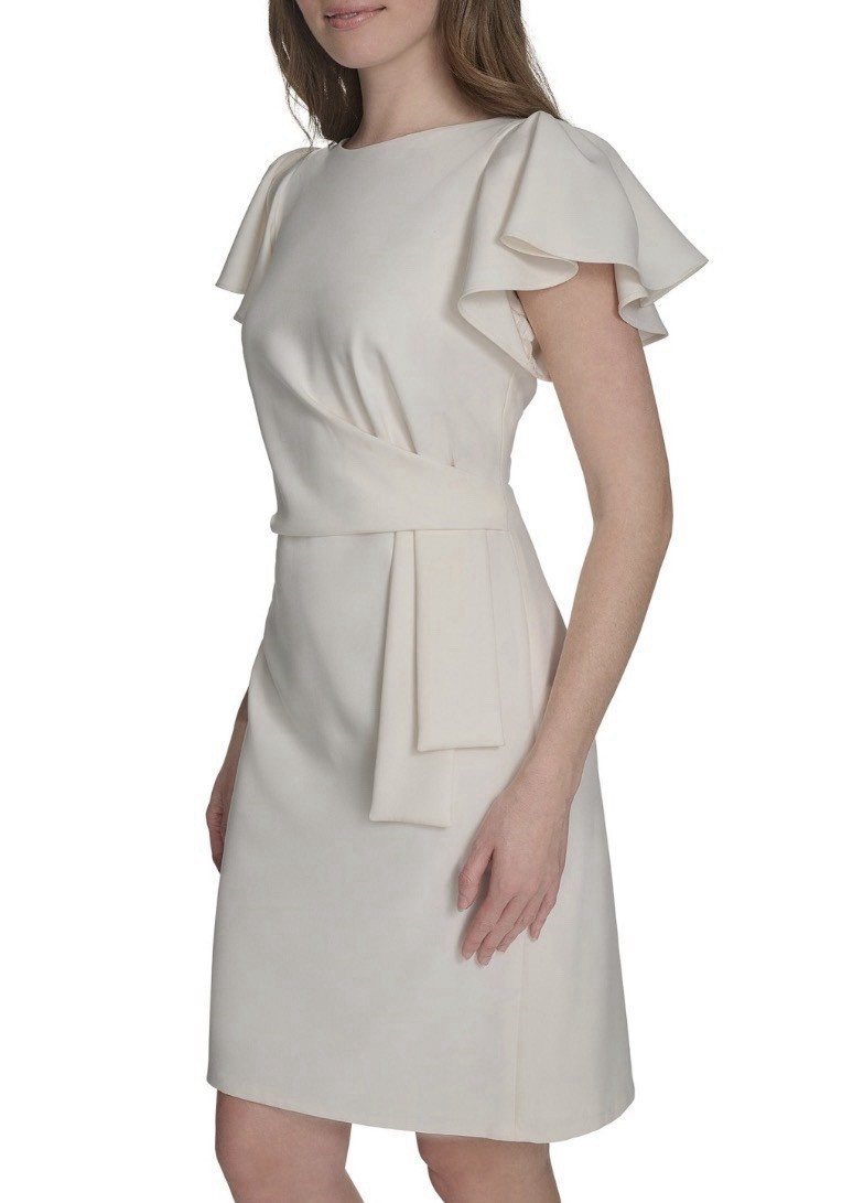 Tommy Hilfiger Sheath Dress, Flutter Slevee Boat Neck Self-Tie Belt Ivory, Sz-16