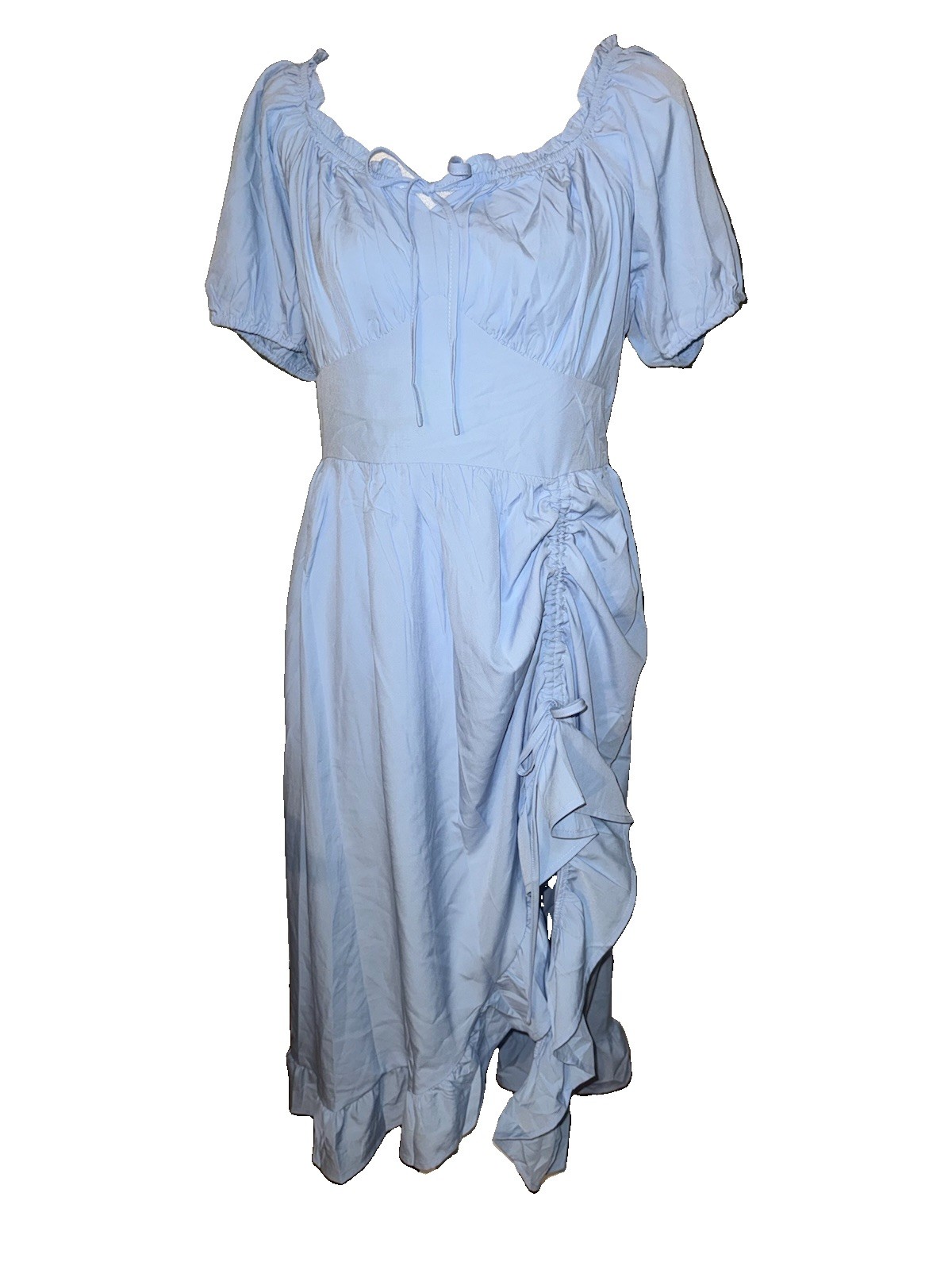 Scarlet Darkness Blue Off Shoulder Puff Sleeve Midi A-Line Pockets Smocked L
