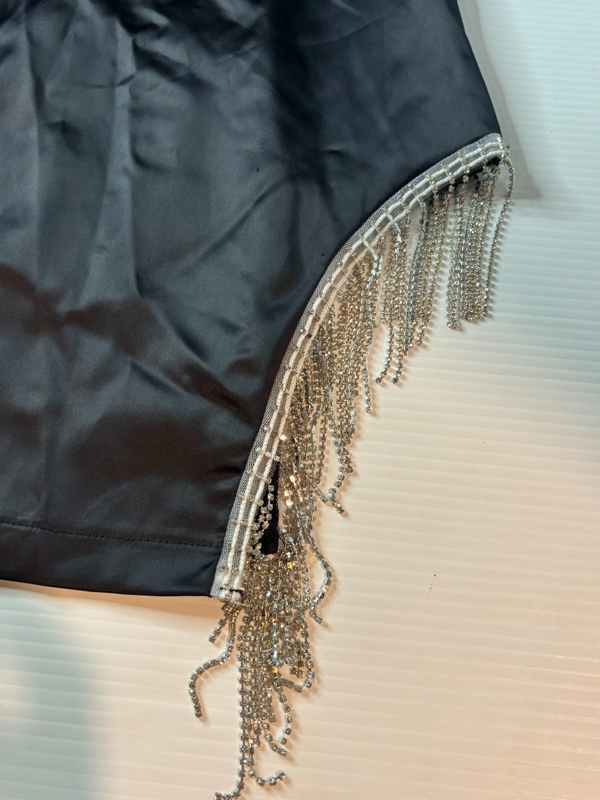 Rhinestone Crystal Fringe Cutout Satin The Heiress Birthday Mini Dress – Black M