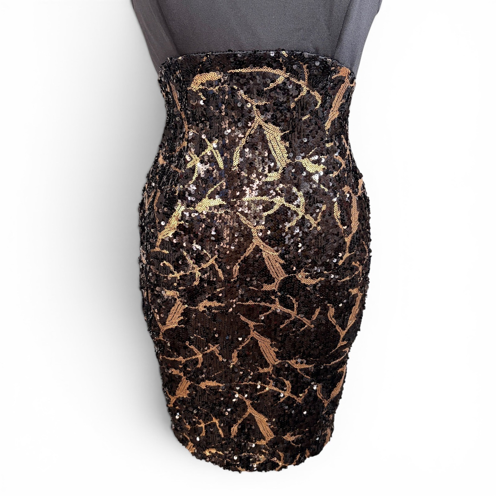 CACHE Sexy Sophistication Black & Gold Stretch Sequin Cocktail Mini Dress, MED