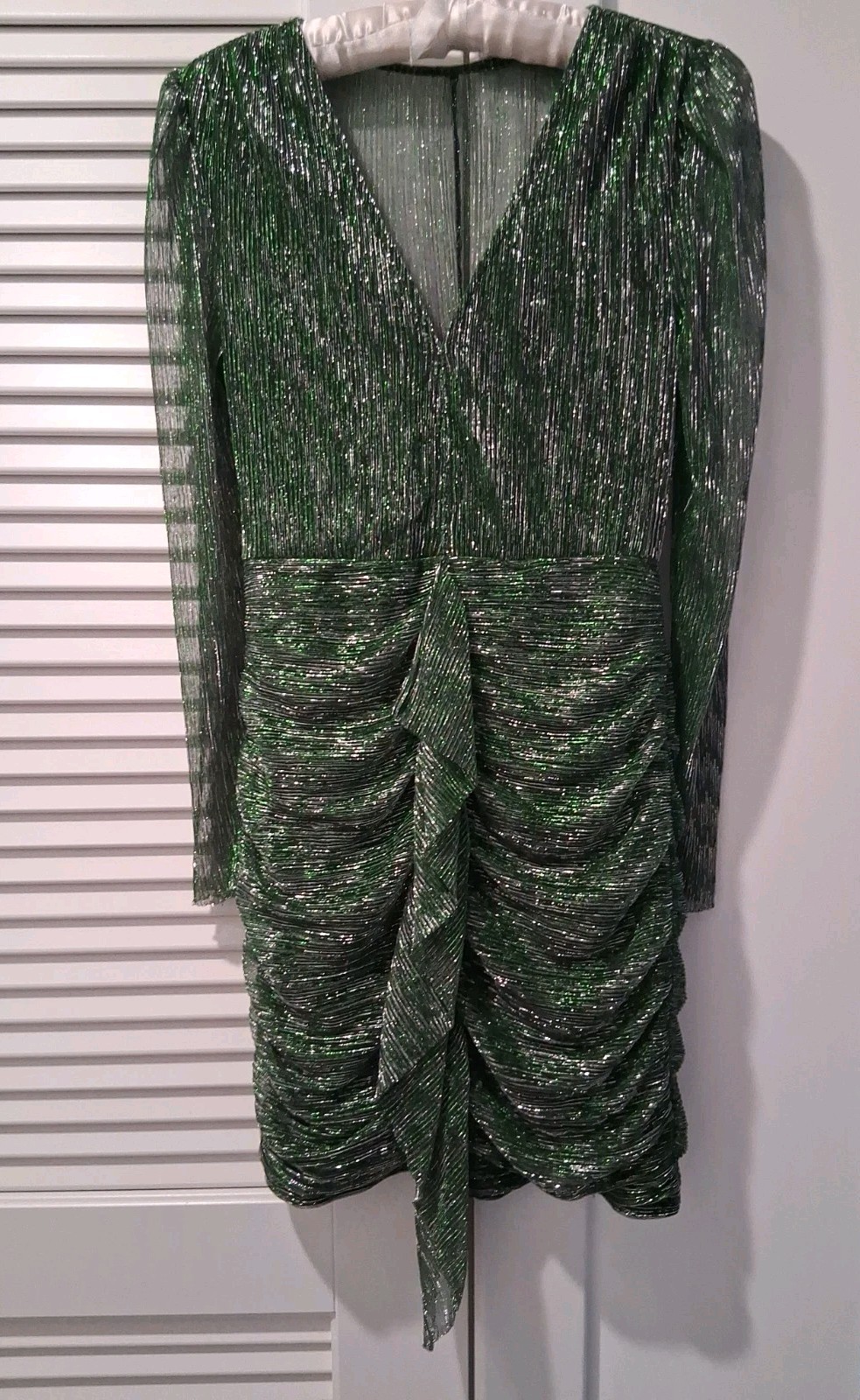 Hello Molly Long Sl Ruffle Mini Dress S Metallic Green Silver VNeck Elastic Wais