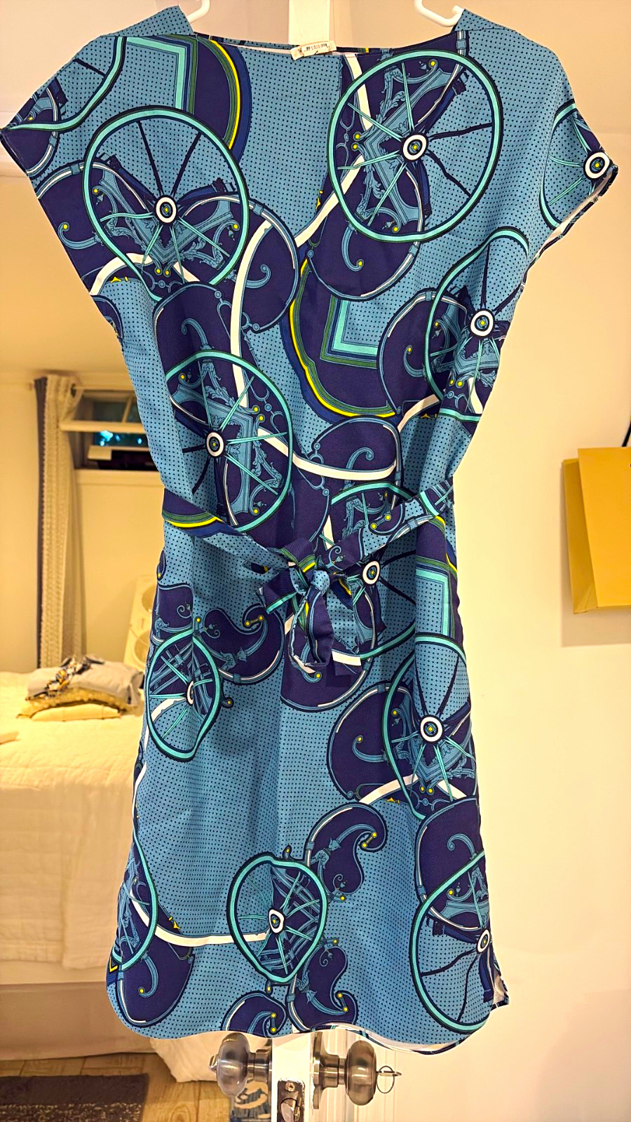 Hermès Silk Blue/Teal Geometric Belted Shift Dress, Knee Length, Size S