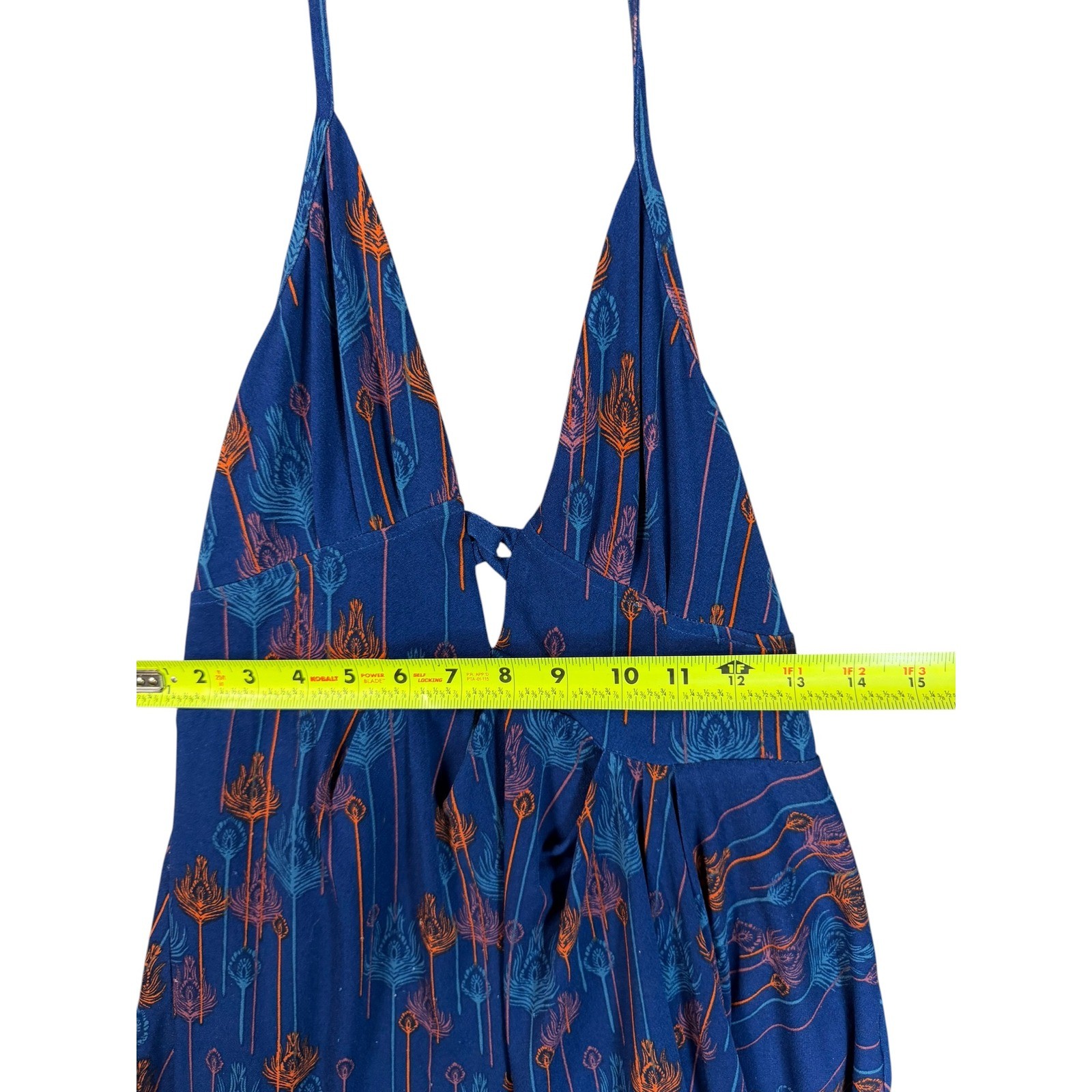 Free People Blue Peacock Feather Print Halter Mini Dress Boho Keyhole Size S