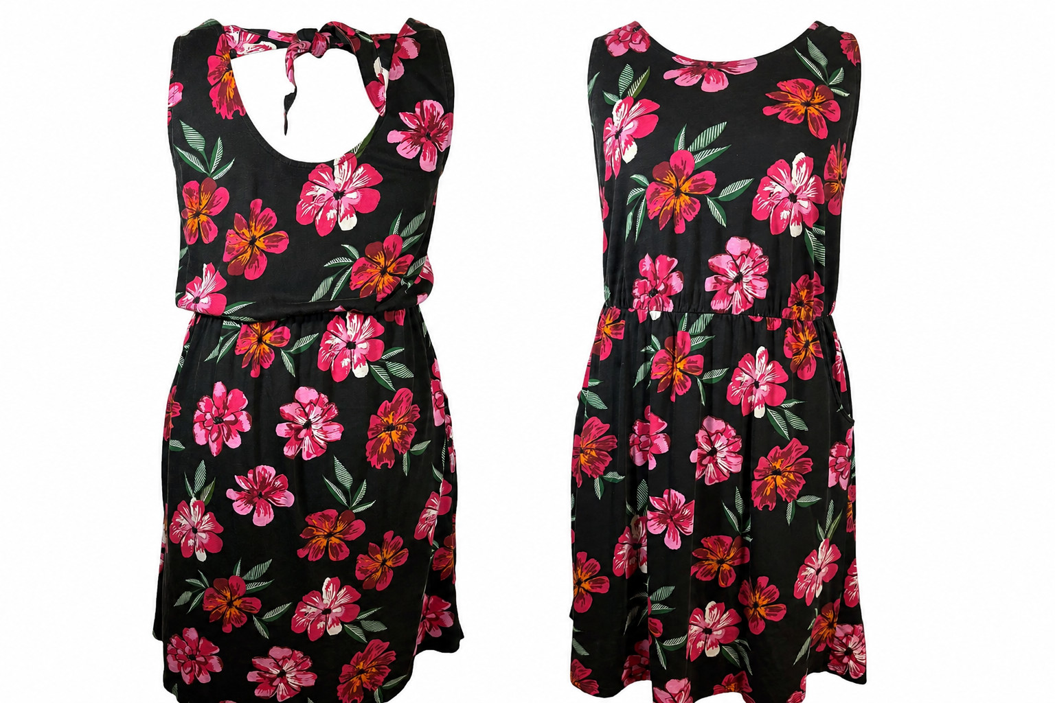 Yours UK 20 Black Pink Floral Midi Dress Sleeveless Pockets Cotton
