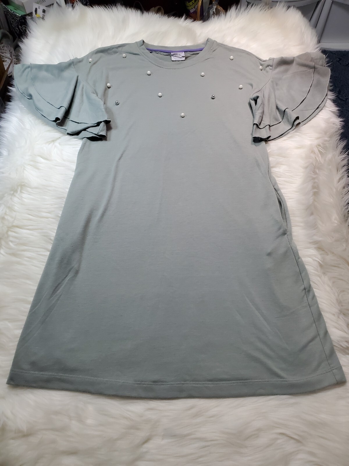 Violet Weekend Small Shift Dress Sweat Pearls Beaded Ruffle Sleeve Pockets Y-14