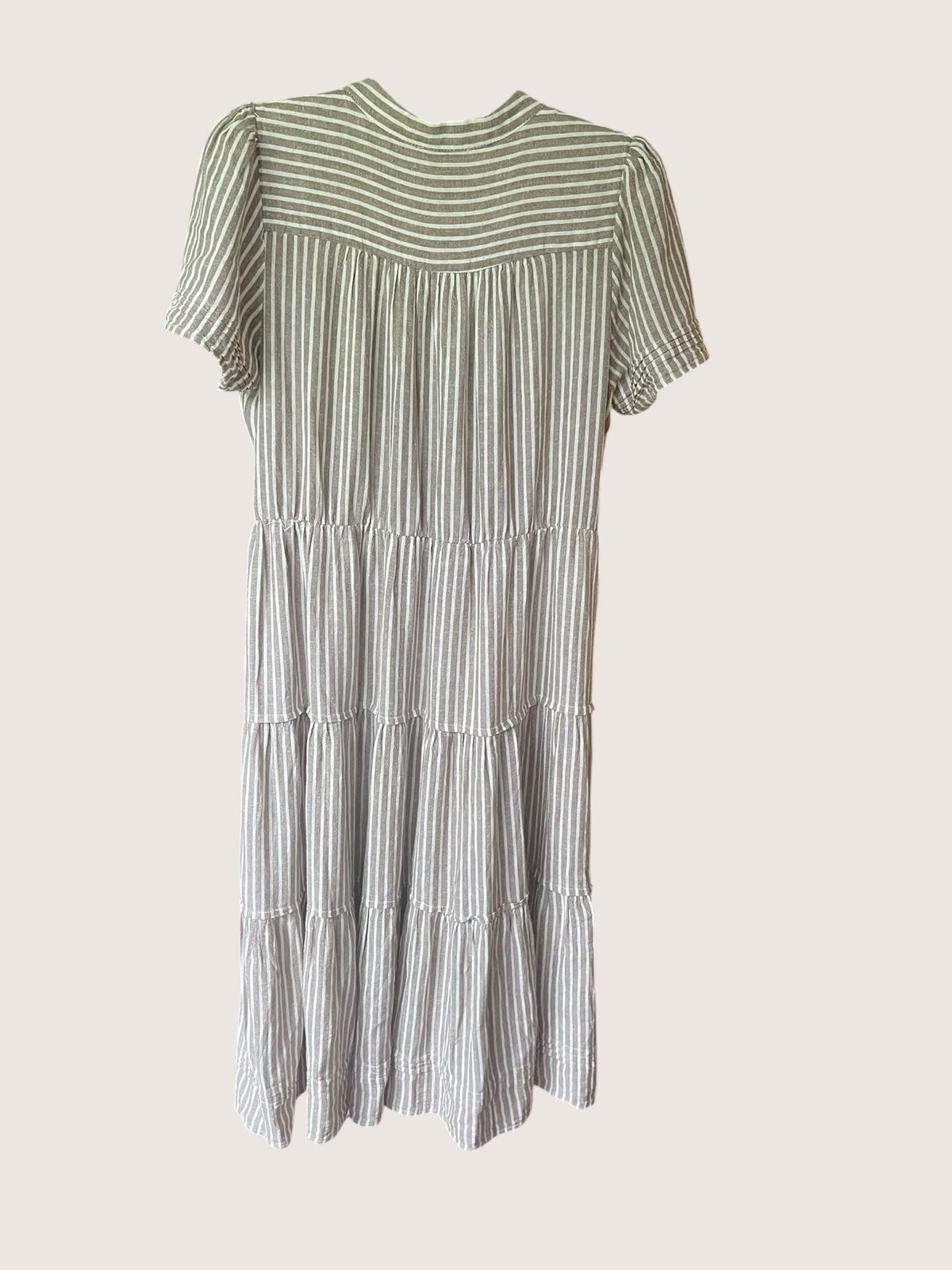 Cynthia Rowley Linen Blend Tiered Midi Dress Taupe White Stripe Coastal Boho L