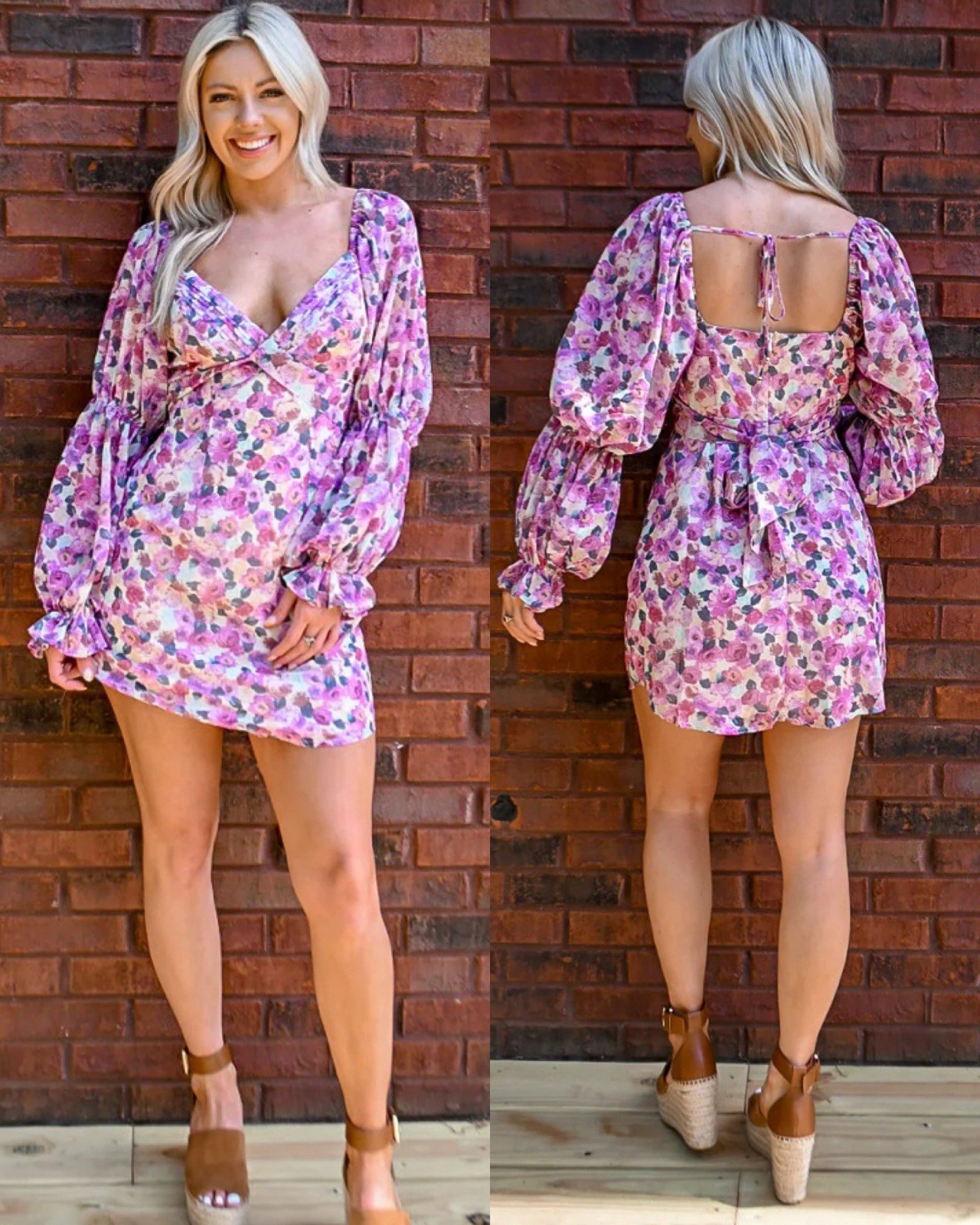 Lena Purple Floral Babydoll Pleated Balloon Sleeve Mini Dress Fairy Whimsical S