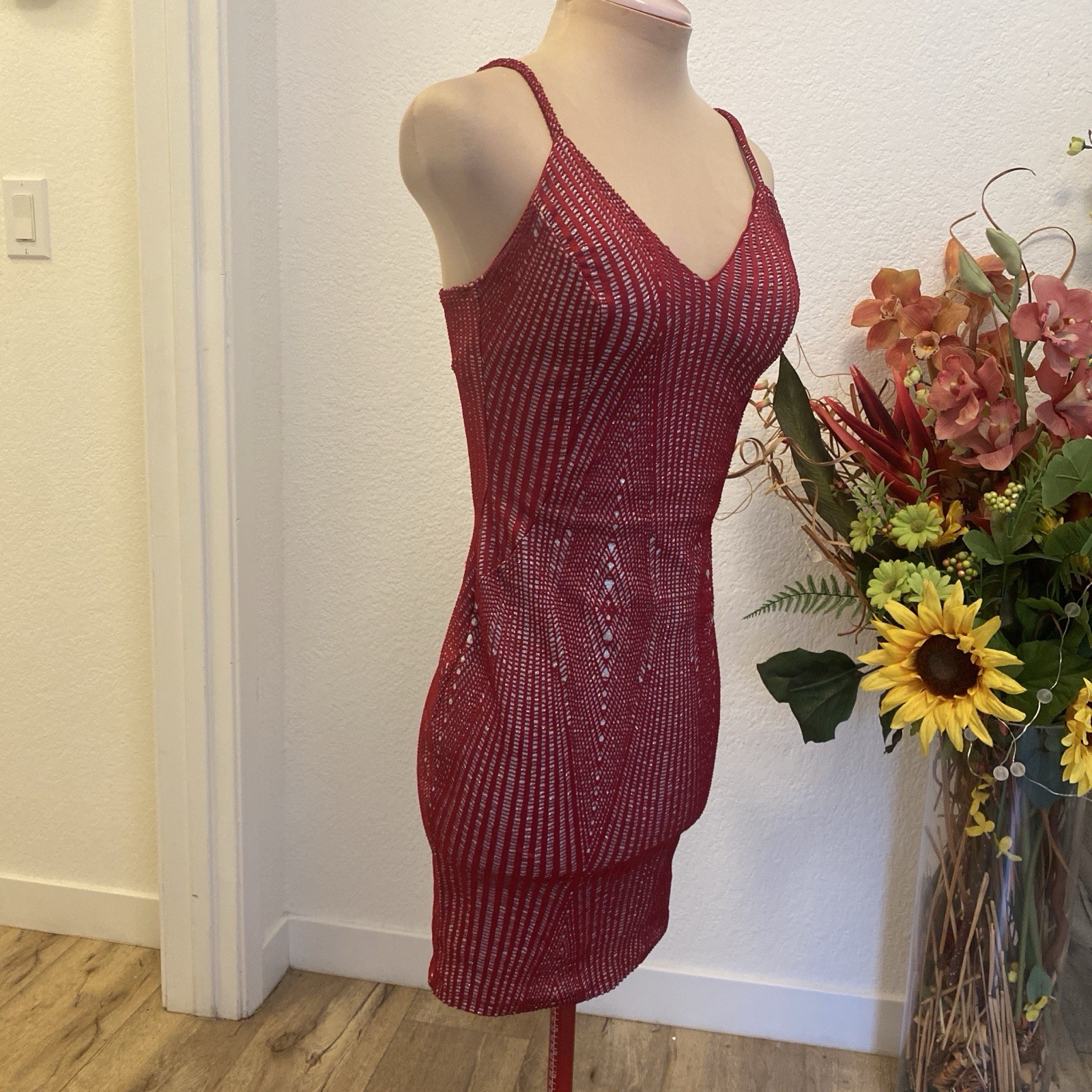 Red Beaded Spaghetti Strap Mini Dress Small