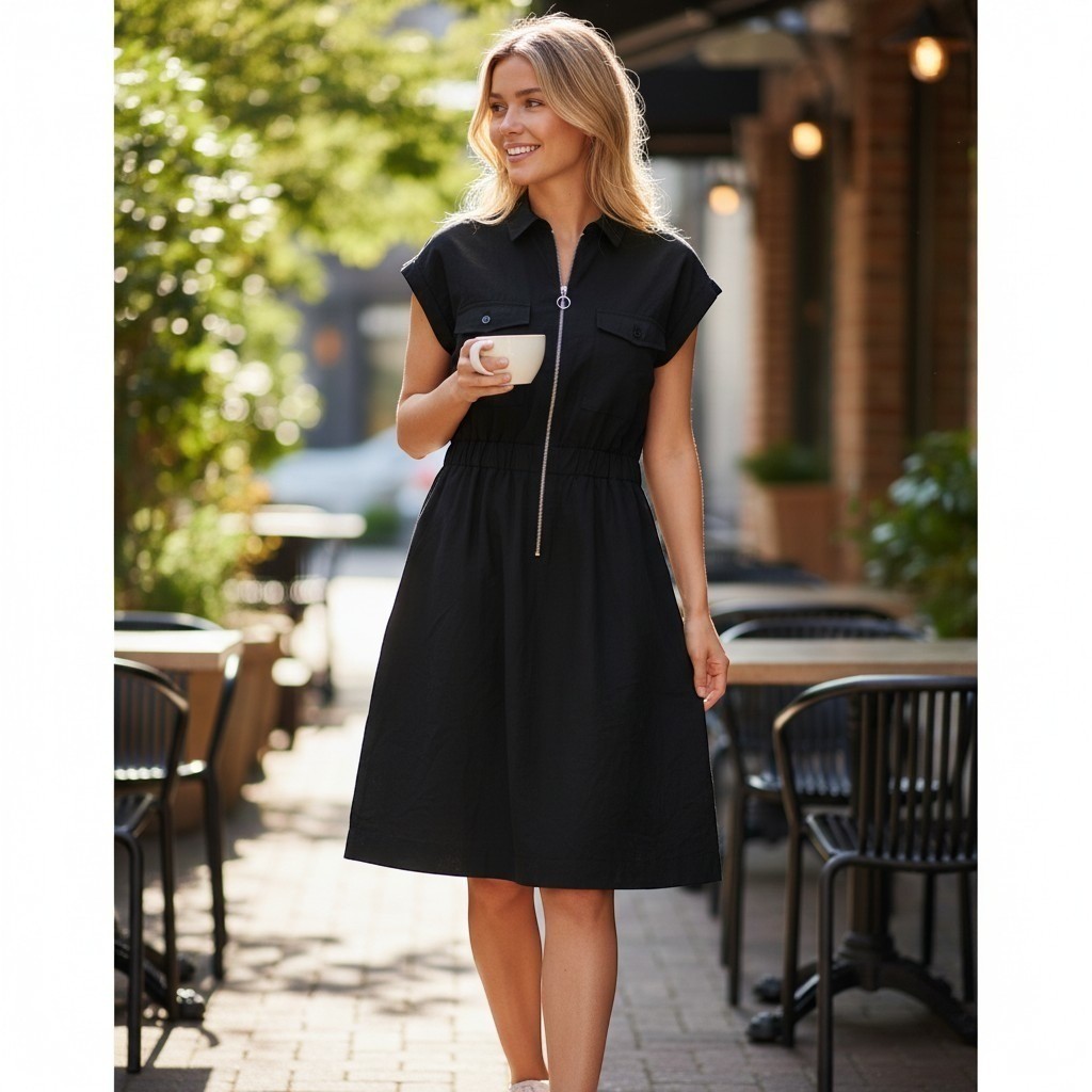 Express Black Zip Front Utility Shirt Dress Cap Sleeve Elastic Waist Small