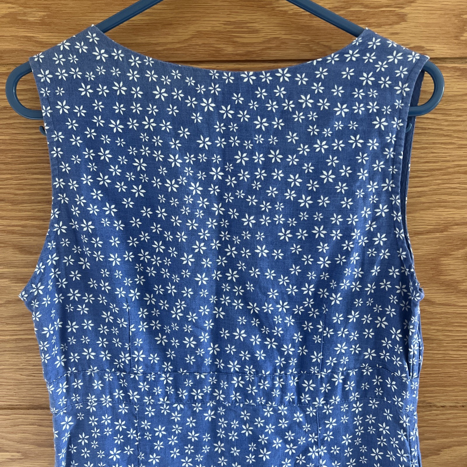 Per Una Dress UK 8 Blue White Floral Beaded Linen Cotton Blend Pockets Summer