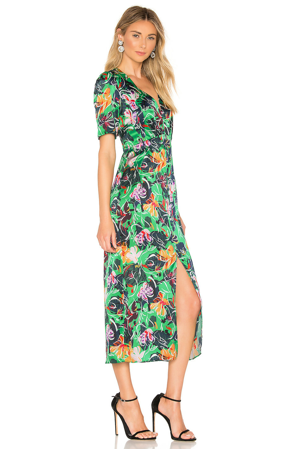 SALONI Green Floral Botanical Print EDEN Satin Silk Hi-Slit Midi Dress 10US 14UK