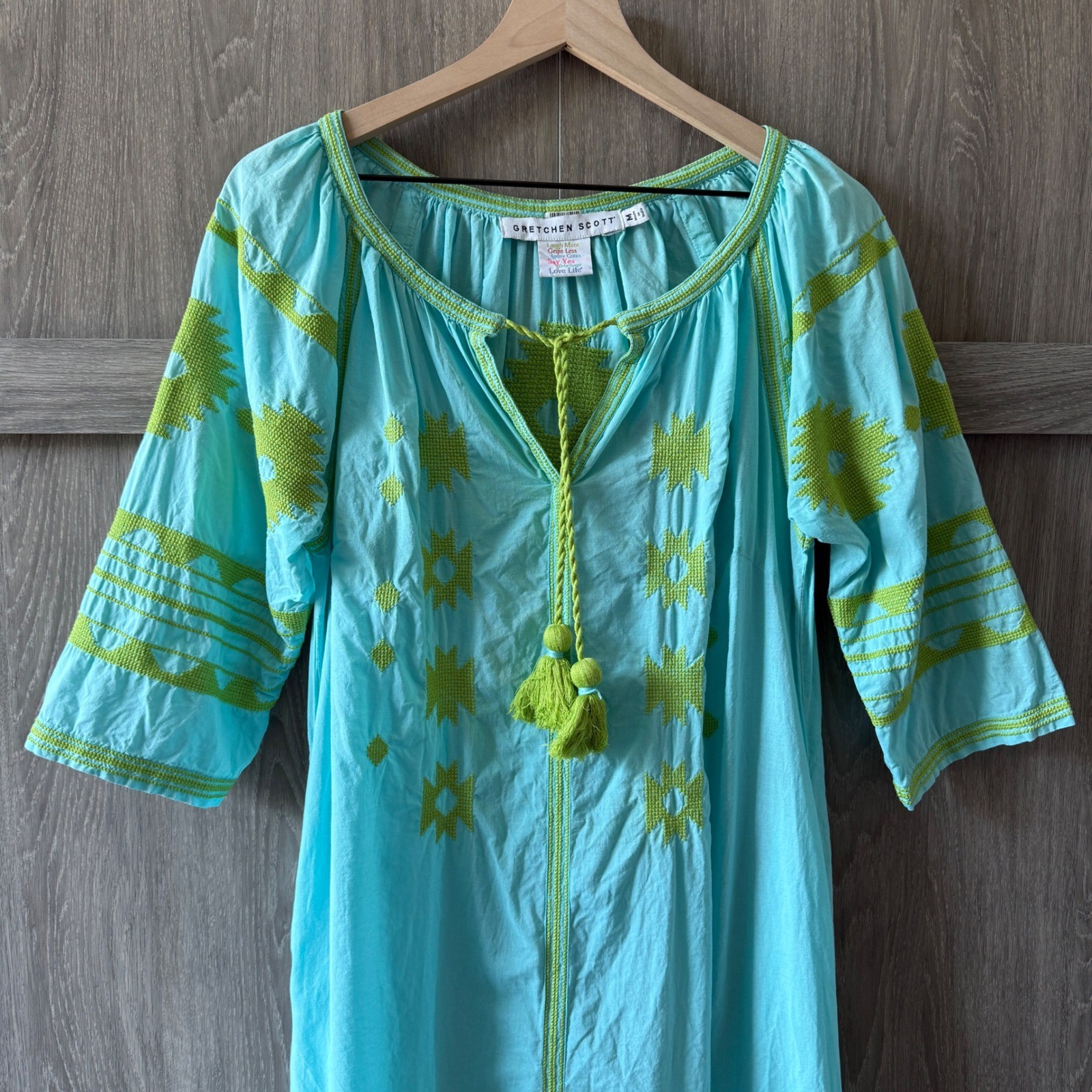 Gretchen Scott Montezuma Embroidered Midi Dress Women Med Turquoise Boho Tassel