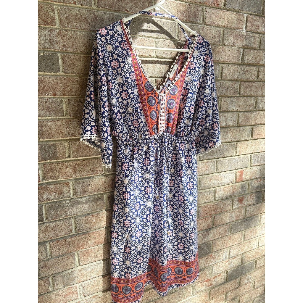 Passager Boho Beach Cover Up Dress EU 40 M Medallion Print Pom Trim