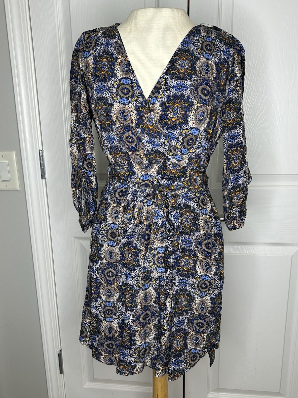 danielrainn Blue Paisley Wrap Dress V-Neck 3/4 Sleeve Tie Waist Lined S