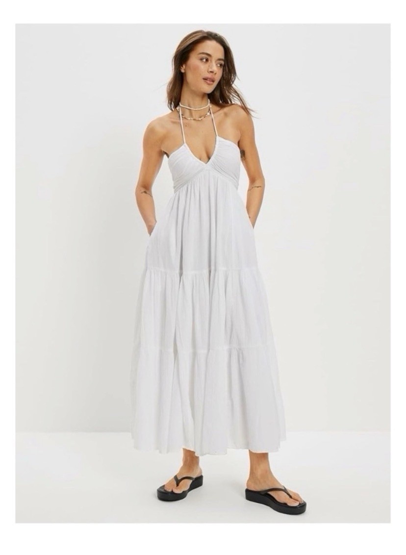 American Eagle White Tiered Midi Cut Out Back Halter Dress Size Small