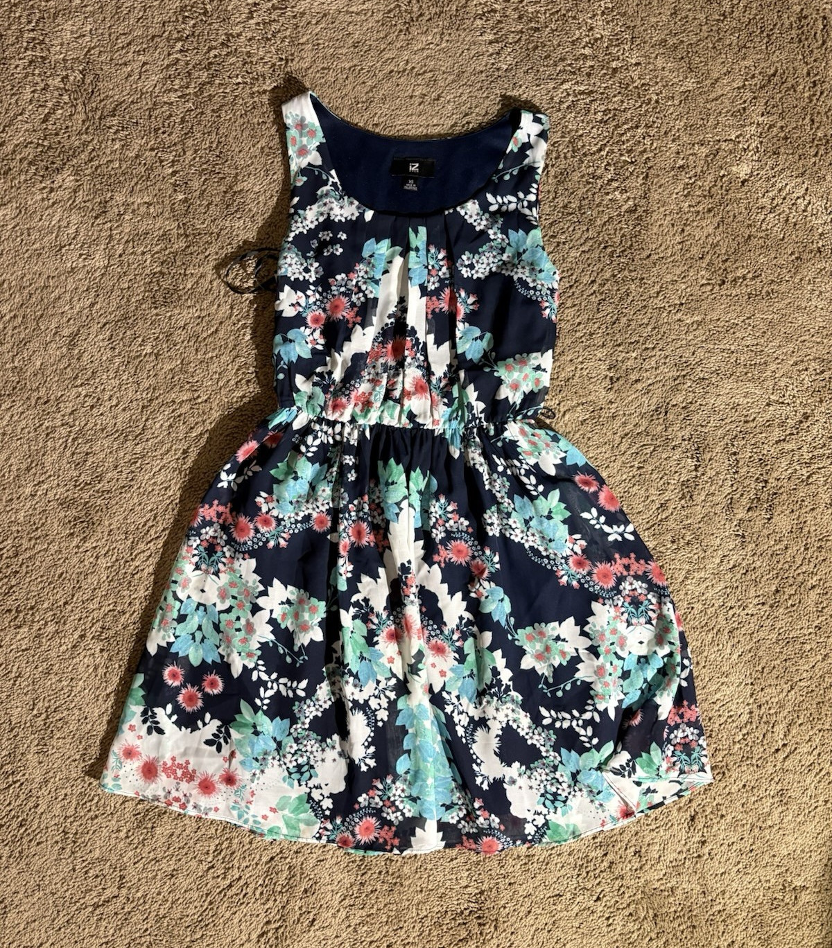 IZ BYER Women’s XS Blue Floral Fit & Flare Short Dress Pleated Lined