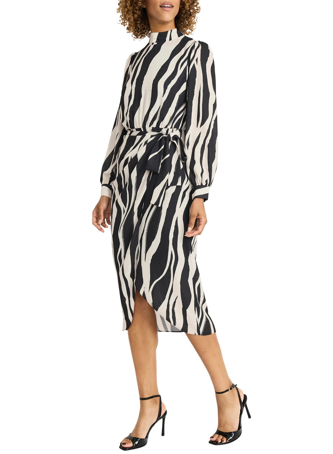 Maggy London Womens Daria Long Sleeve Tulip-Skirt Midi Dress 12 Black/Cream NWT