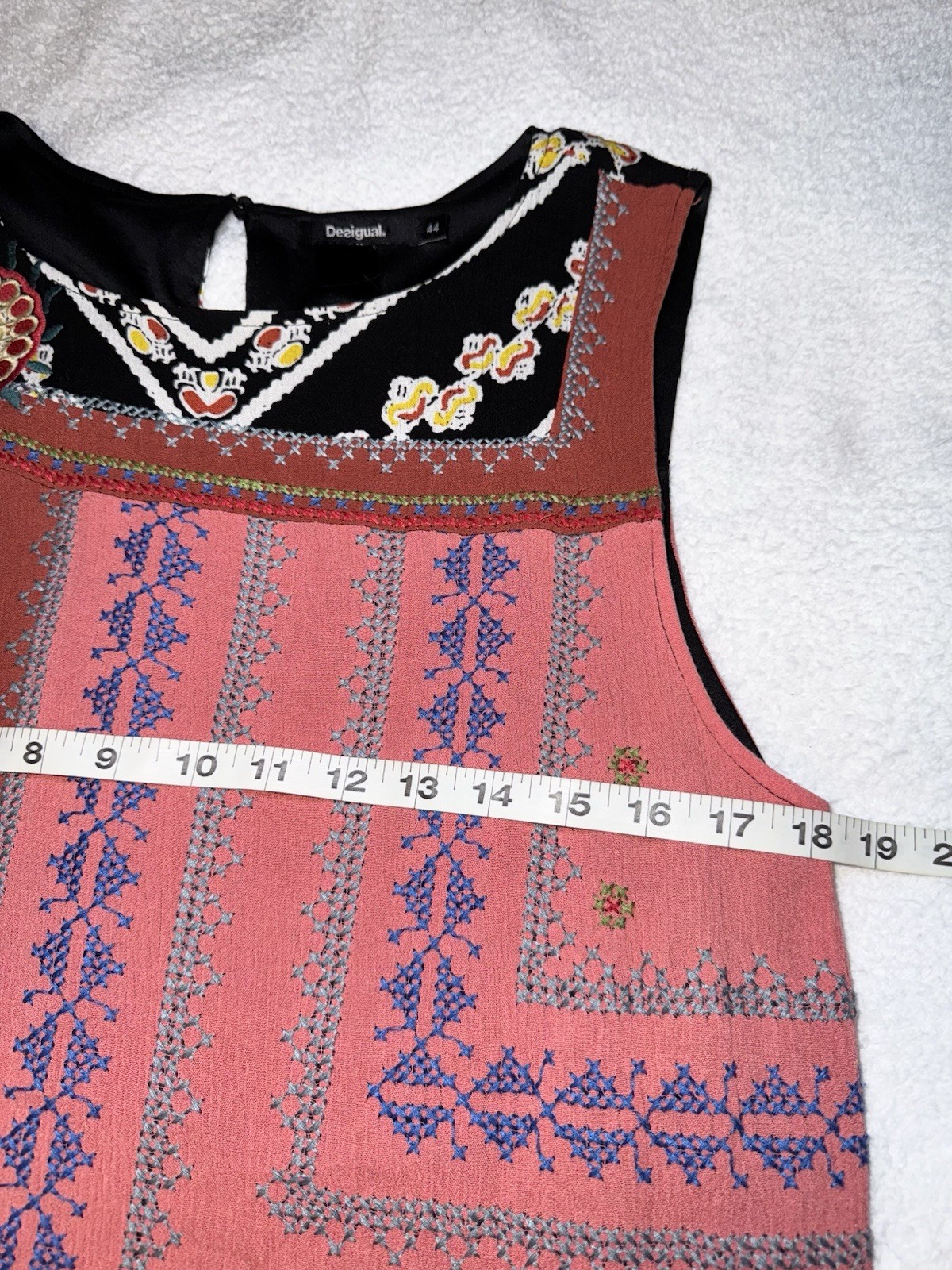 Desigual $189 Embroidered Patchwork Mixed Patterns Boho Shift Dress SIZE 44 XL