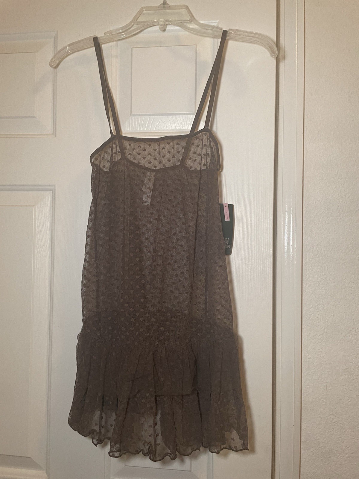 Brown Mesh Polka Dot Sheer Slip Dress XXS Square Neck Ruffle Hem (Wild Fable)