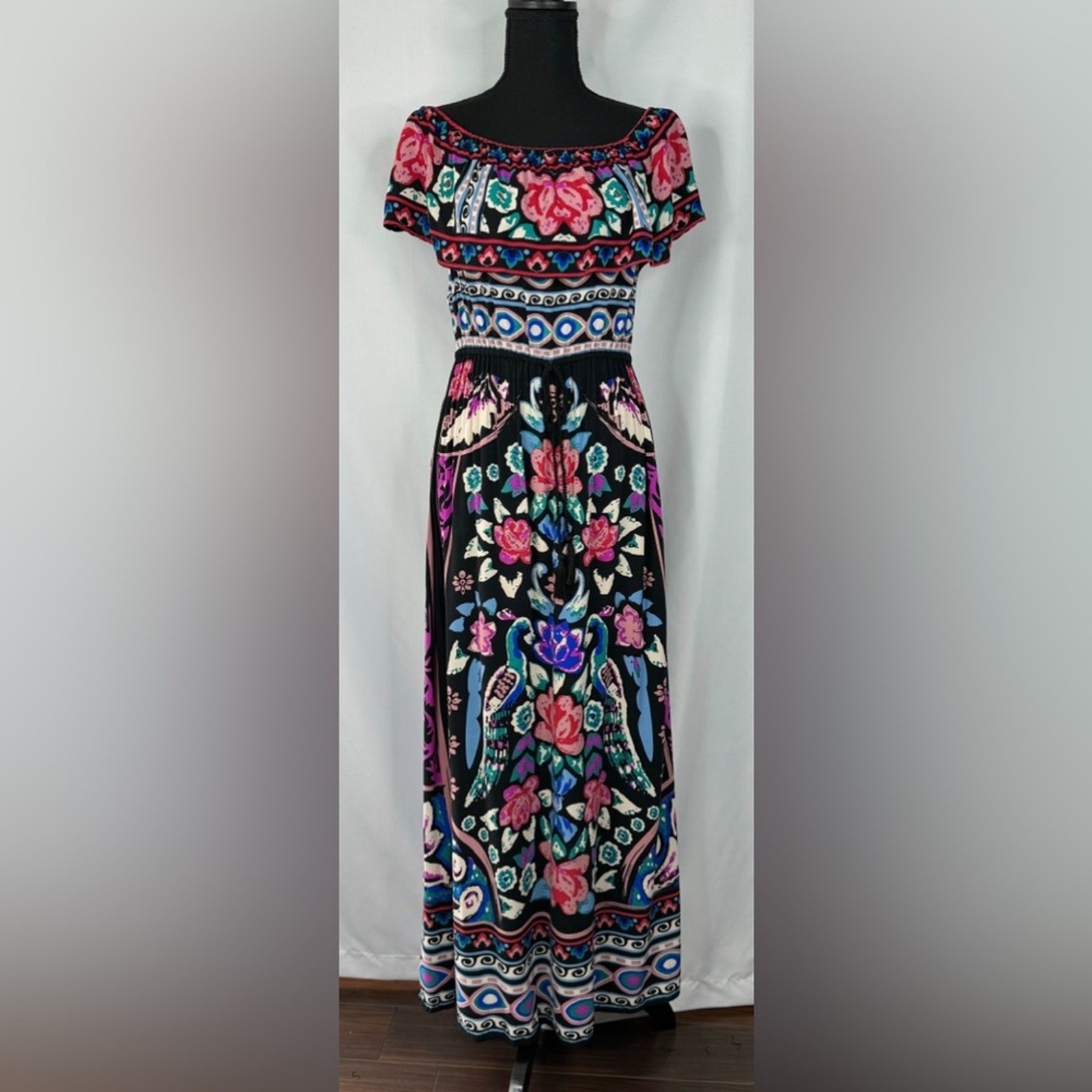 Anthropologie Flying Tomato Maxi Dress Size L Colorful Floral Boho Artsy Peasant