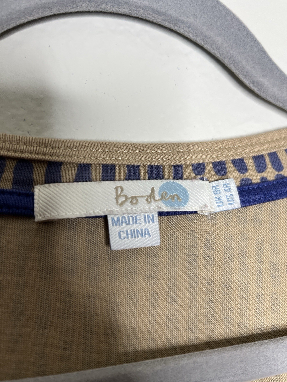 Boden Margot Midi Dress Tan/Blue Printed Jersey – Size 4 Preppy Office Summer