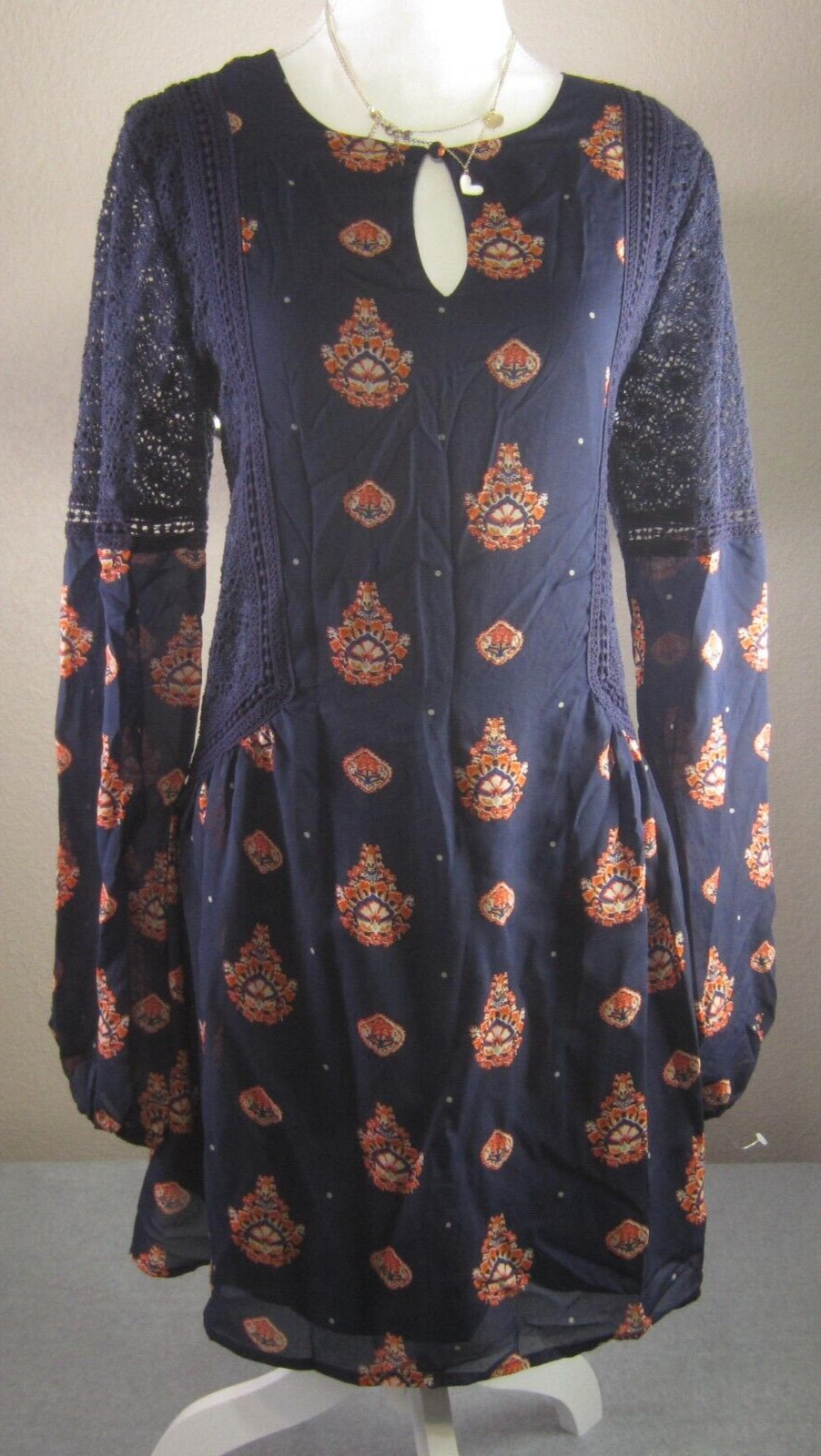 Miss Me Women’s M Dress Blue Lace Boho Western Tunic Long Sleeve Peasant Cowgirl