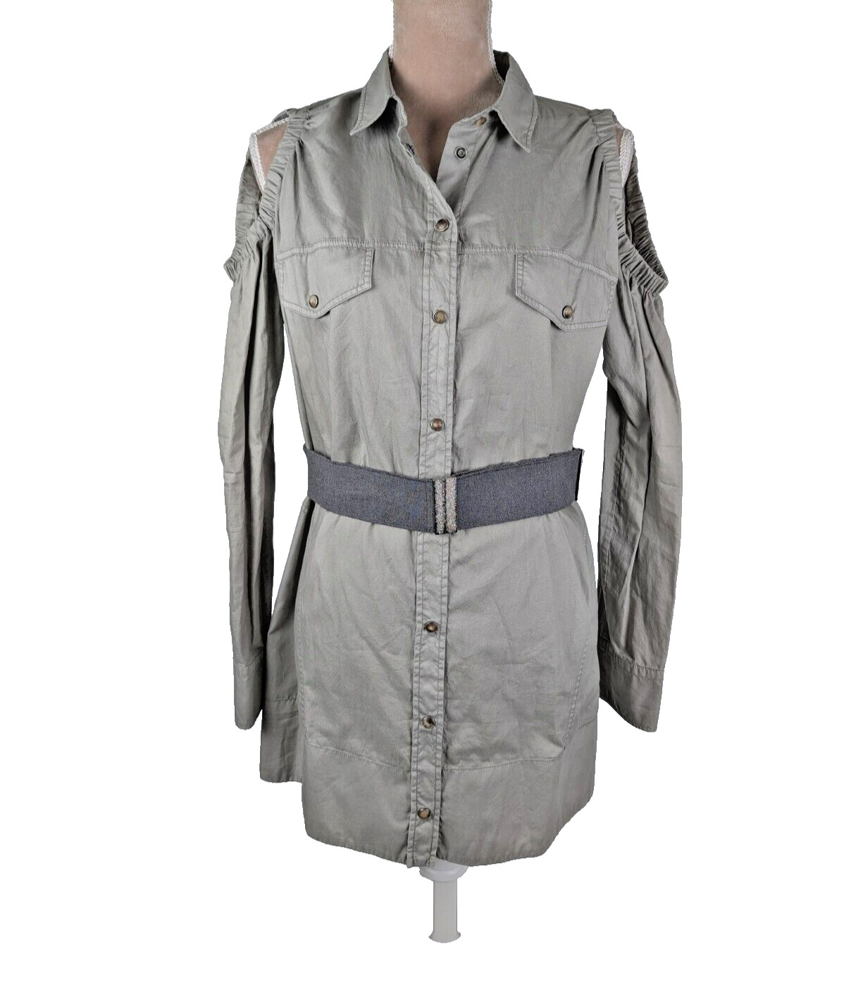 Brunello Cucinelli Khaki Off Shoulder Shirt Western Snap Front Mini Dress XXL