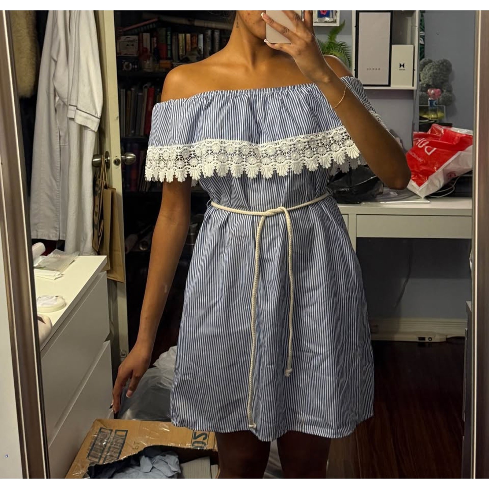 Urbanology Women Blue White Striped White Lace Dress Off the shoulder Sleevel