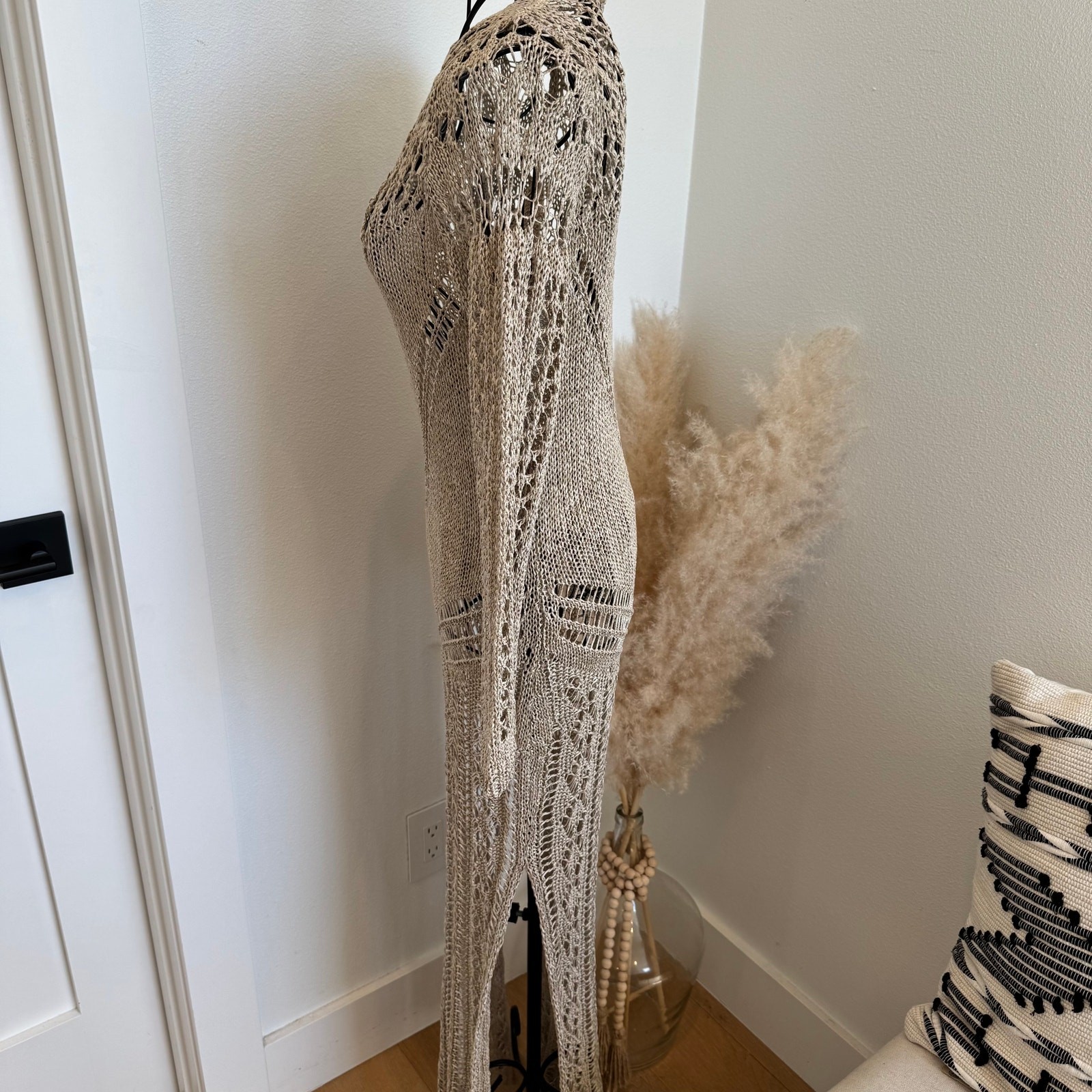 Woolnet Greece Metallic Bronze Gold Crochet Knit Maxi Dress Resortwear