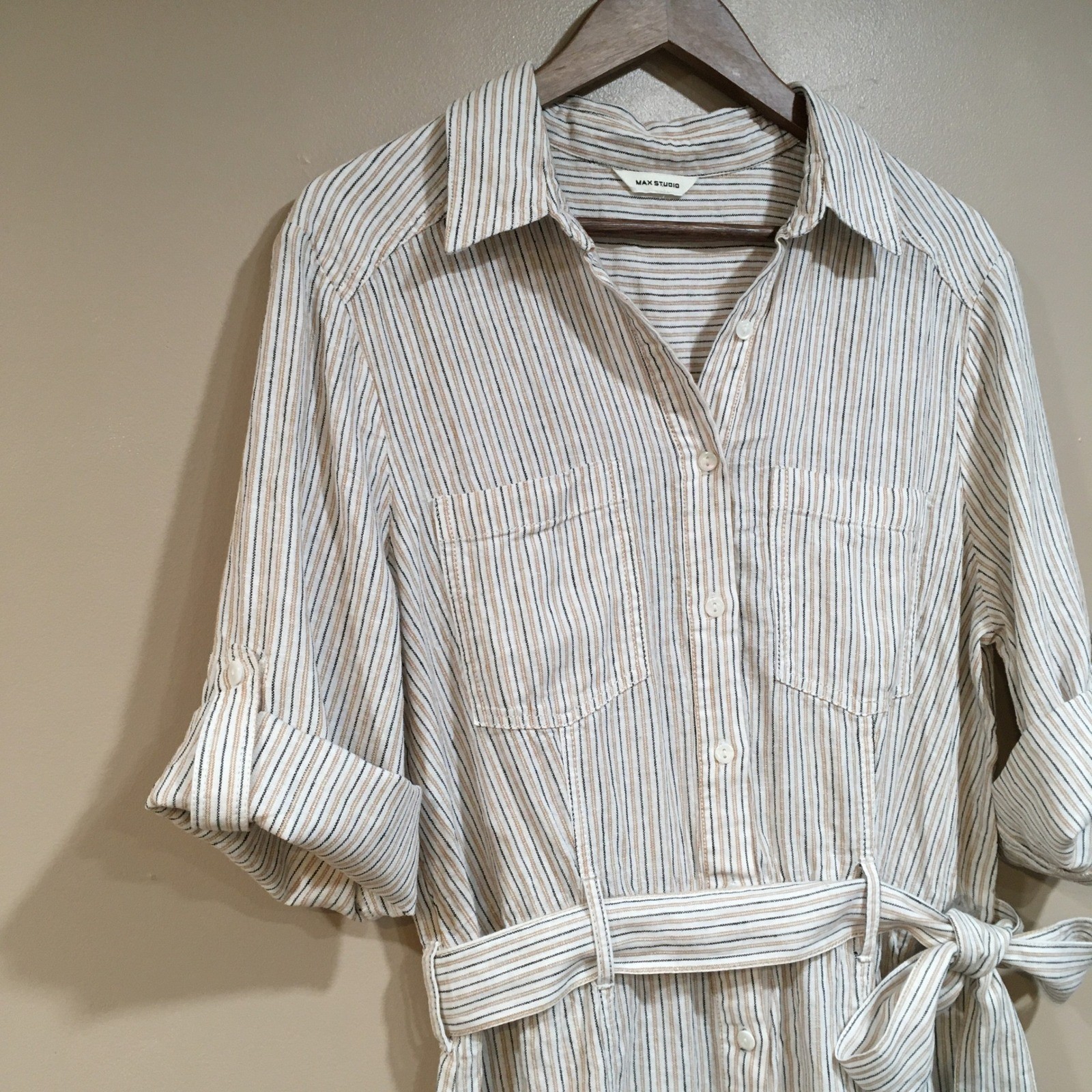 Max Studio Linen Blend Button Up Shirt Dress Womens S Tan Cream Stripe Coastal