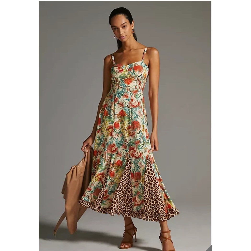 Anthro Hutch Floral Leopard Print Maxi Dress Womens 8 Sweetheart Smocked Boho