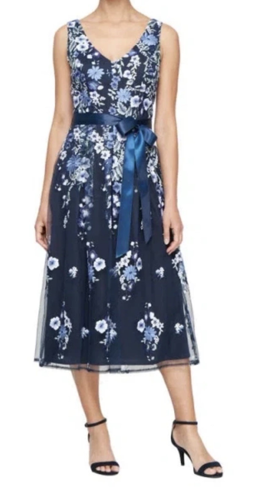 Alex Evenings Navy Blue Embroidered Mesh A-Line Cocktail Midi Dress Size 10 $199