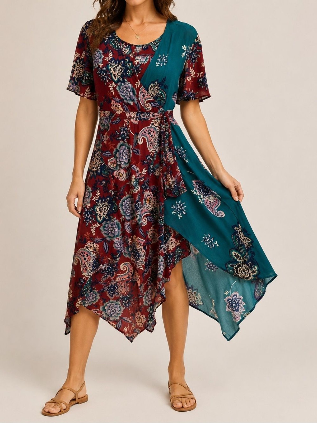 Sundance Floral Paisley Wrap Dress Teal Burgundy Handkerchief Hem Size Small