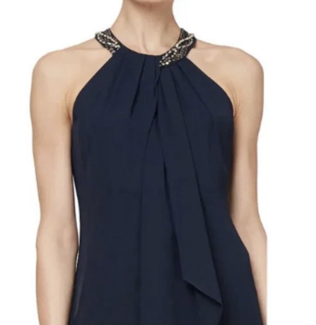 SLNY Ignite Evenings Beaded Braid Halter Neck Chiffon Ruffle Dress Size 8 NWOT