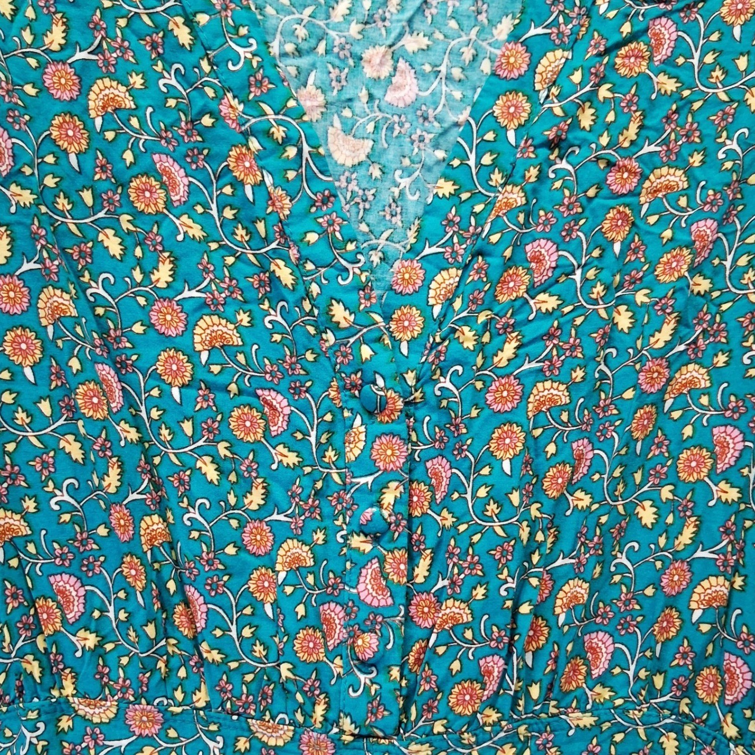 R. Vivimos Teal Floral Boho Maxi Dress Short Sleeve Tassel Pom Trim Size M 8/10