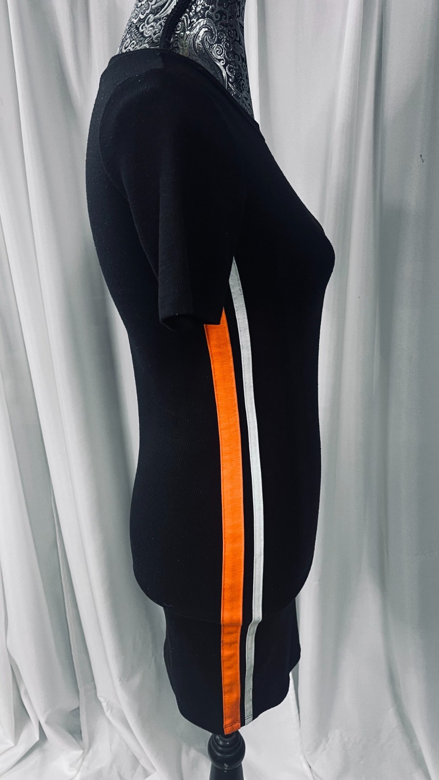 Divided H&M Black Bodycon Pencil Dress Size XS Side Stripes Orange White Ribbed