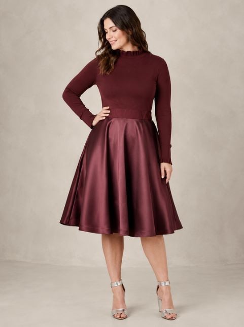 Ted Baker Zadi Midi Dress Knitted Bodice Burgundy Red Long Sleeve Size UK 12 / 3