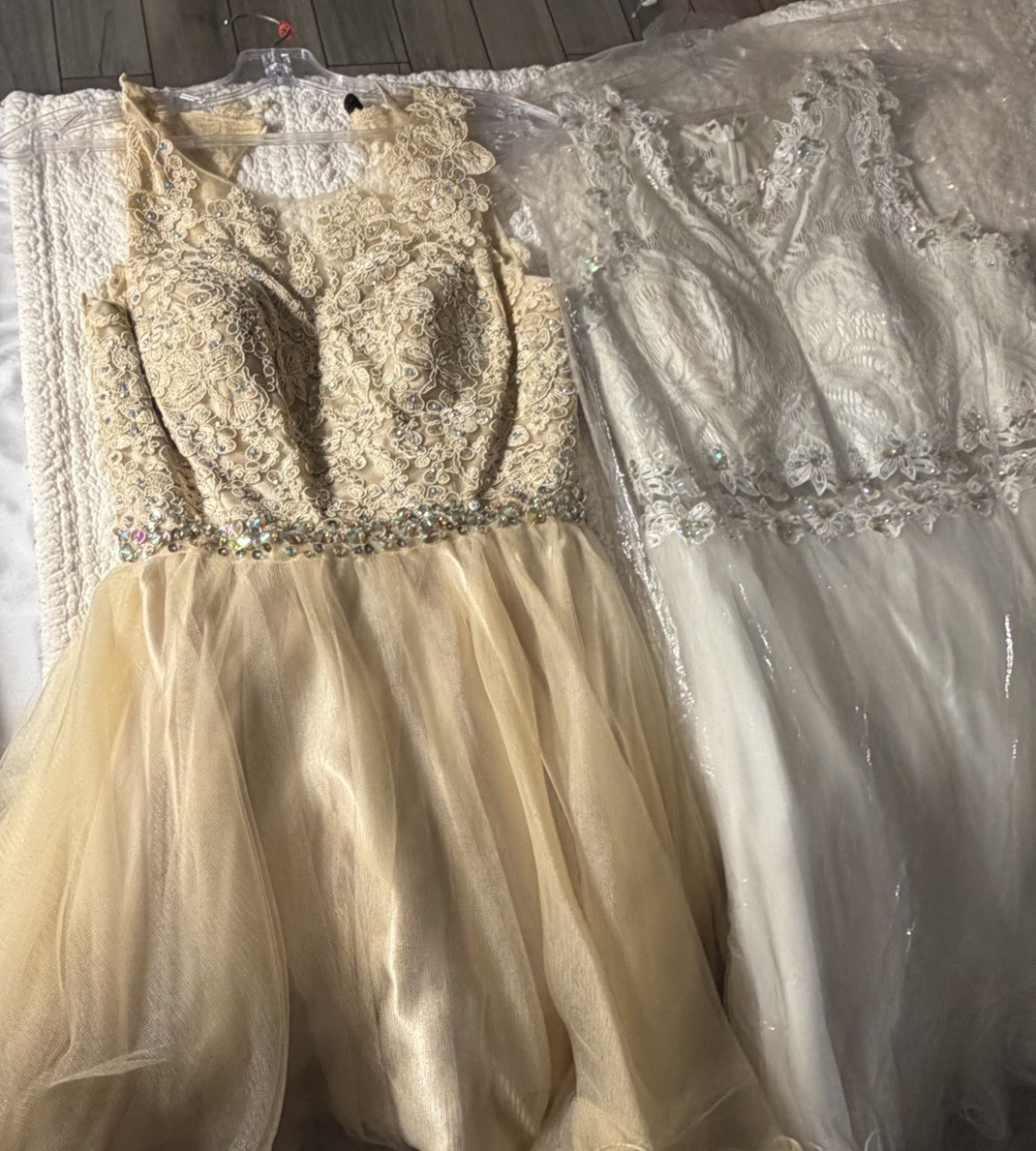Ivory Lace & Tulle Beaded Sequin V-Neck Sleeveless Lined Mini Dress S