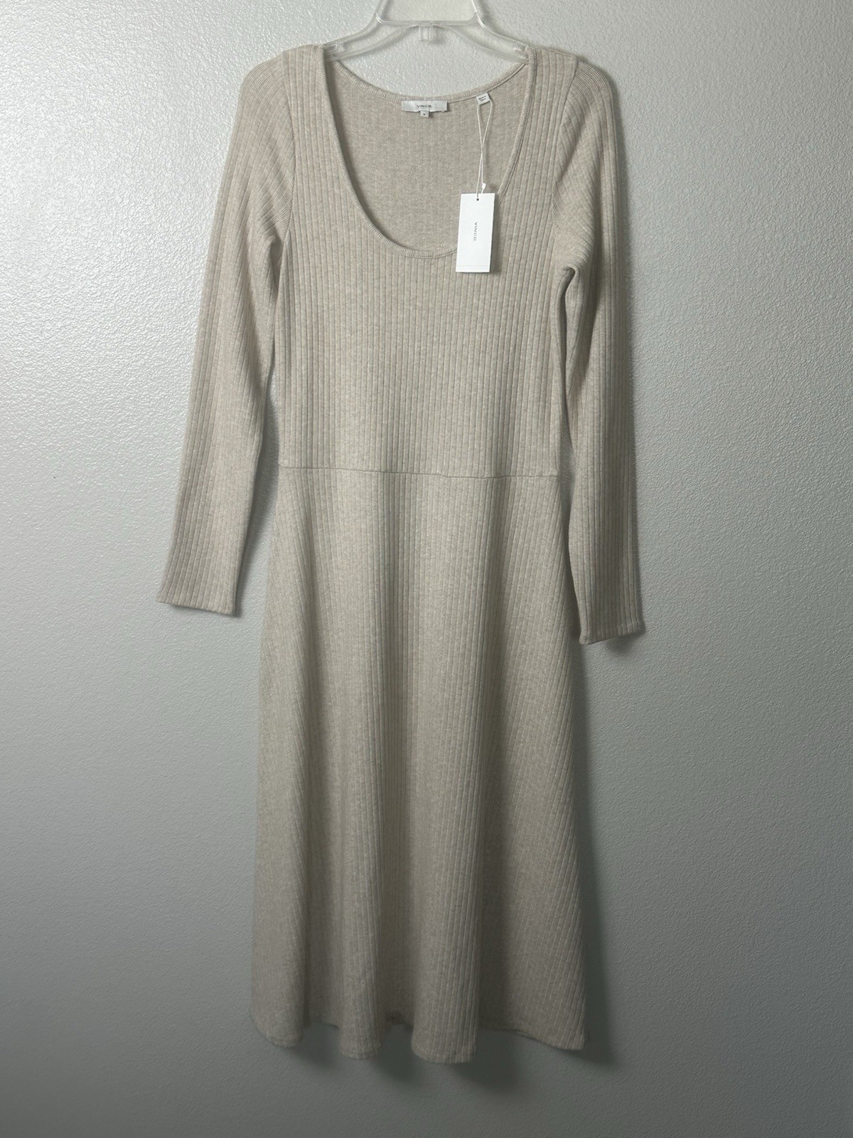 VINCE Long Sleeve Ribbed Scoop Neck Knit Midi Dress Women M Heather Beige NWT