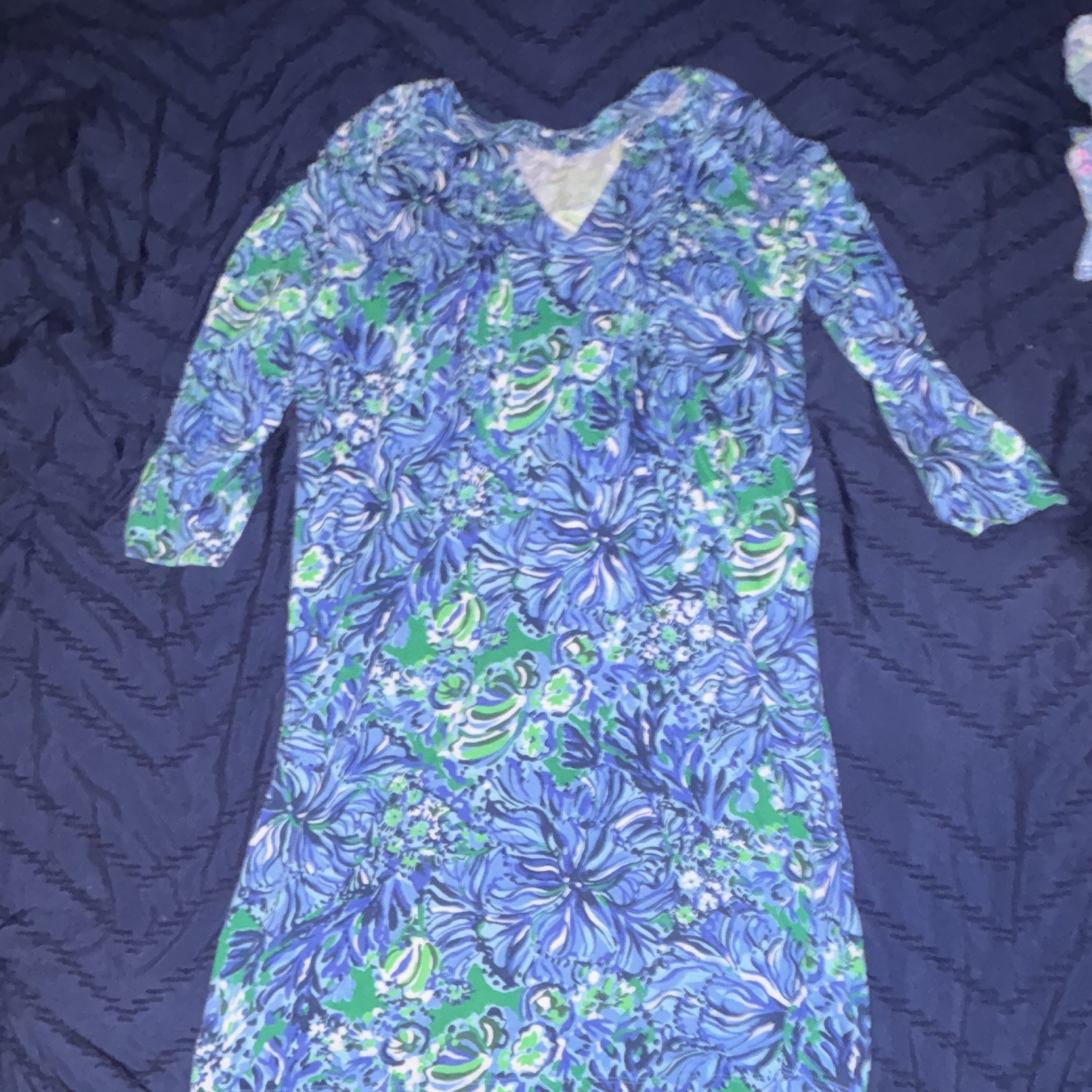 Lilly Pulitzer Women’s L Blue Green White Floral V-Neck 3/4 Sleeve Knee Dress
