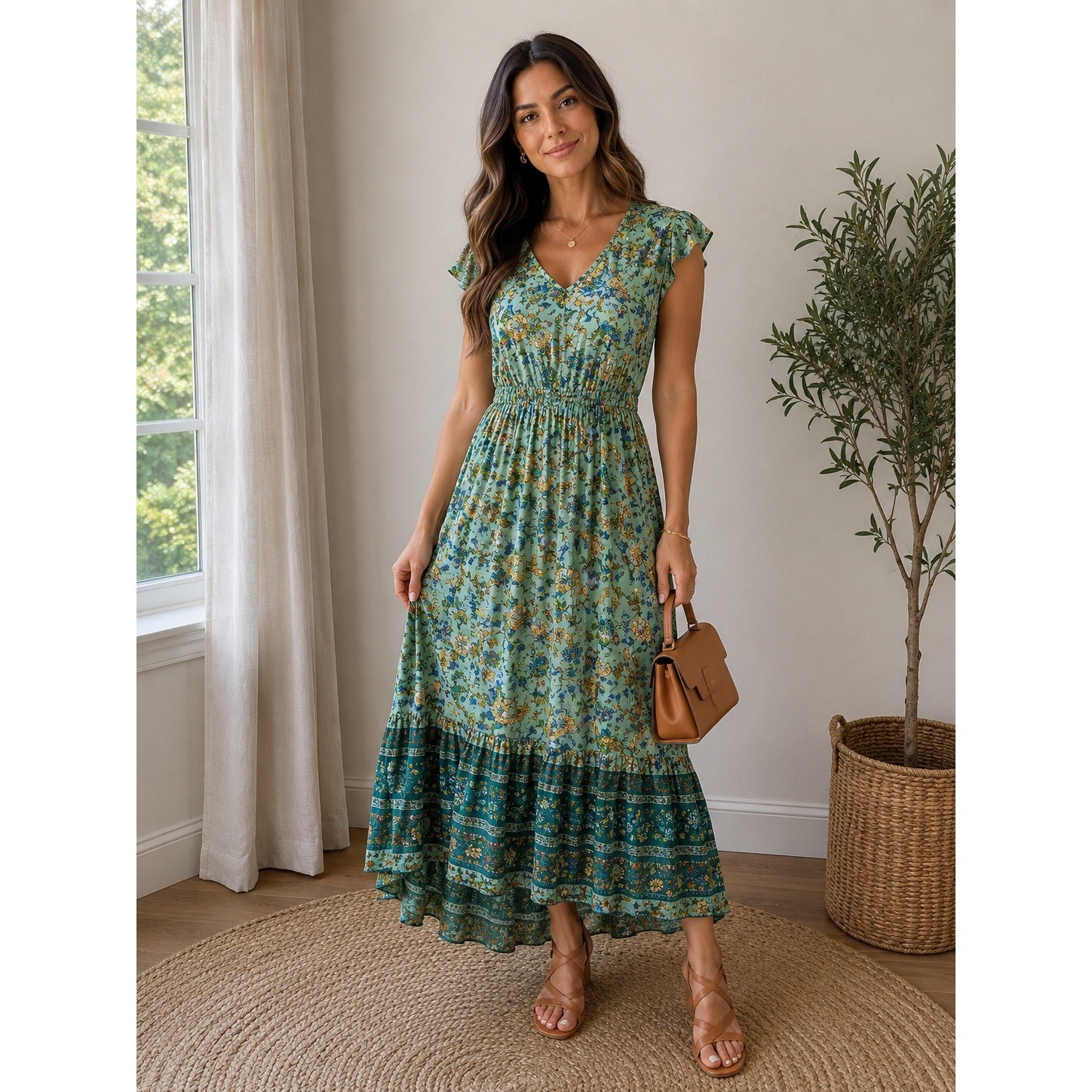 Fairy cottage dress PRETTYGARDEN Floral High Low Maxi Dress Womens XL Green