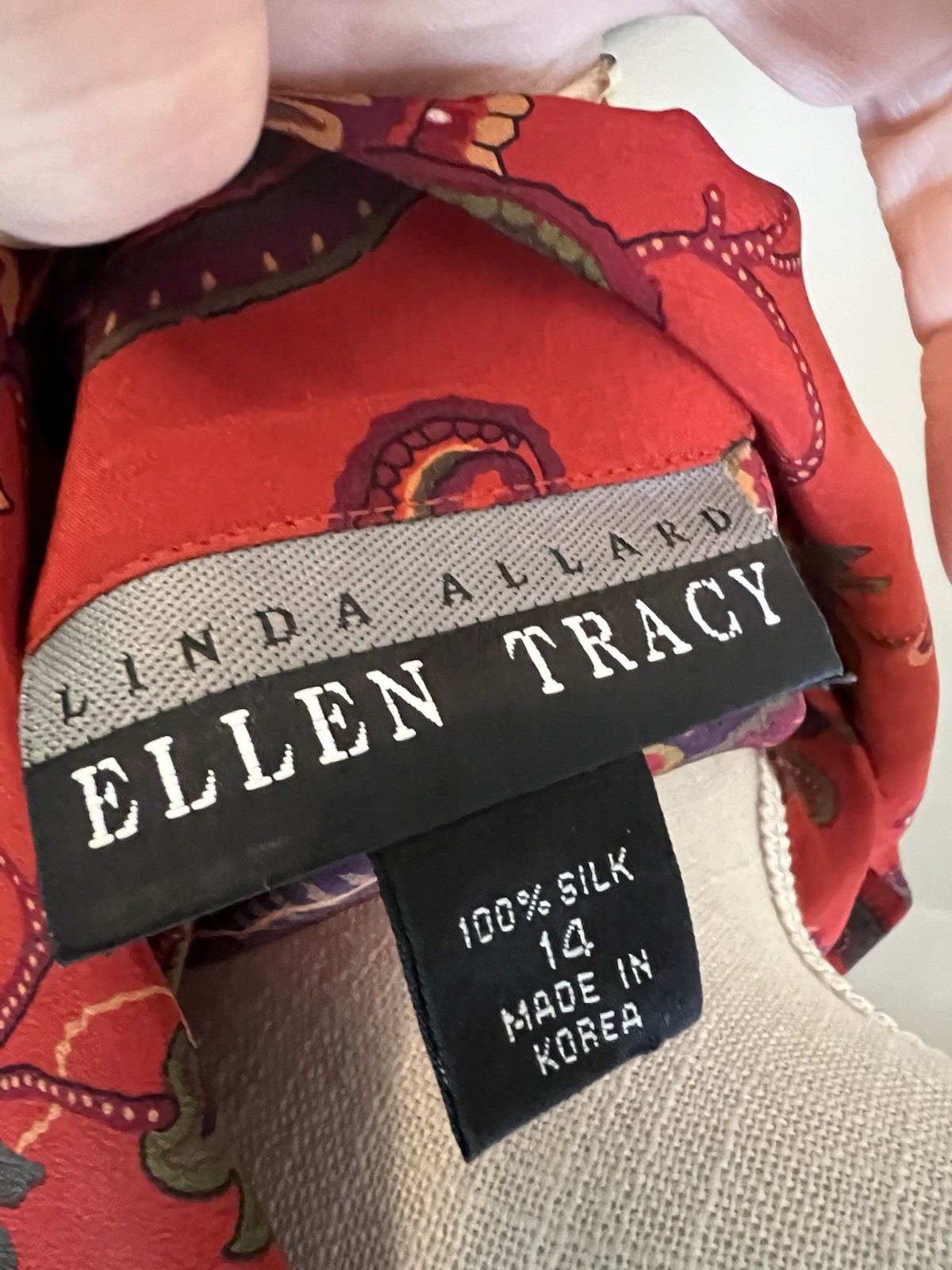 Vtg Linda Allard Ellen Tracy 100% Silk Paisley Dress Red Shirtdress Size 14