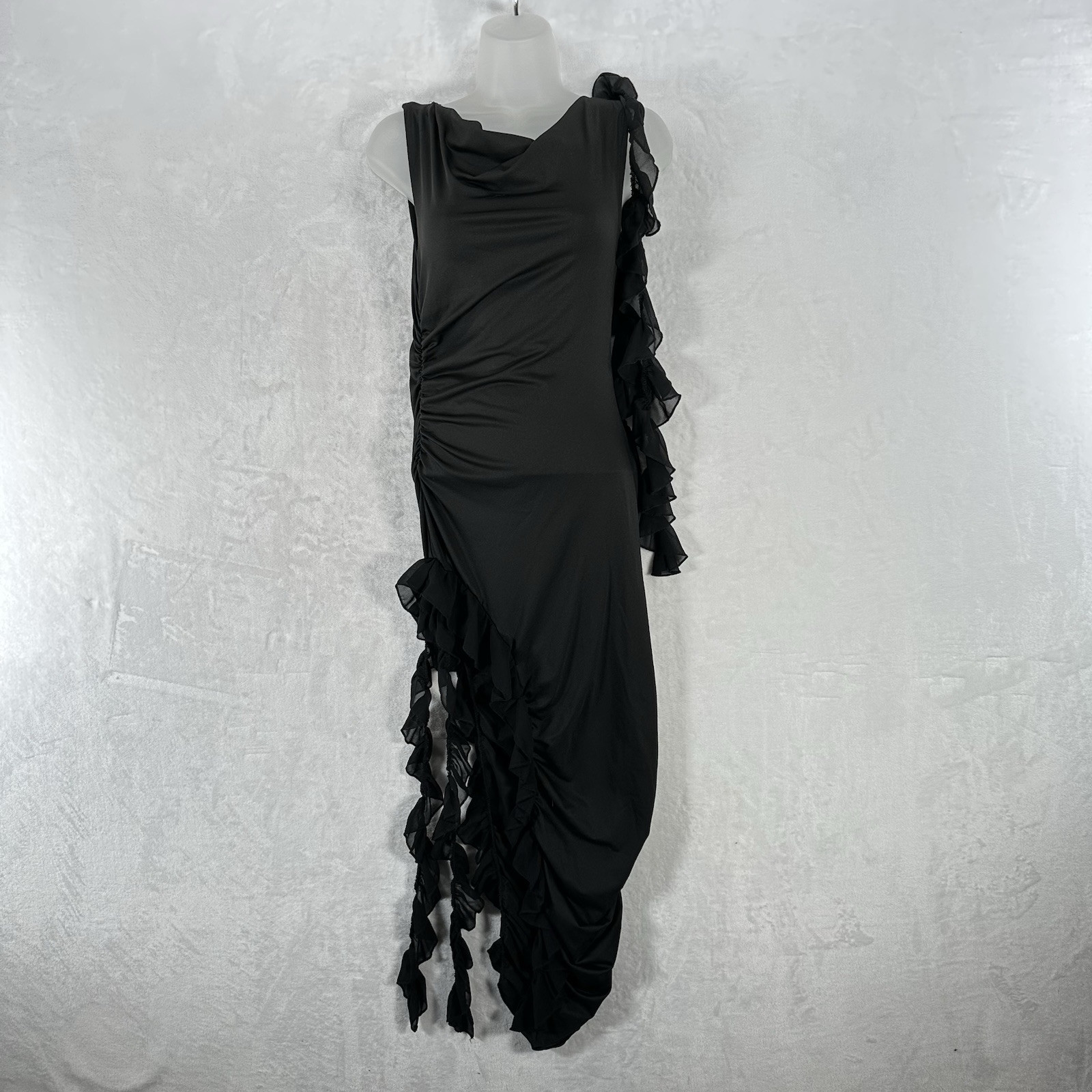 Dress Womens Small Black Bodycon Midi Spiral Ruffle Fairy High Slit Ruched