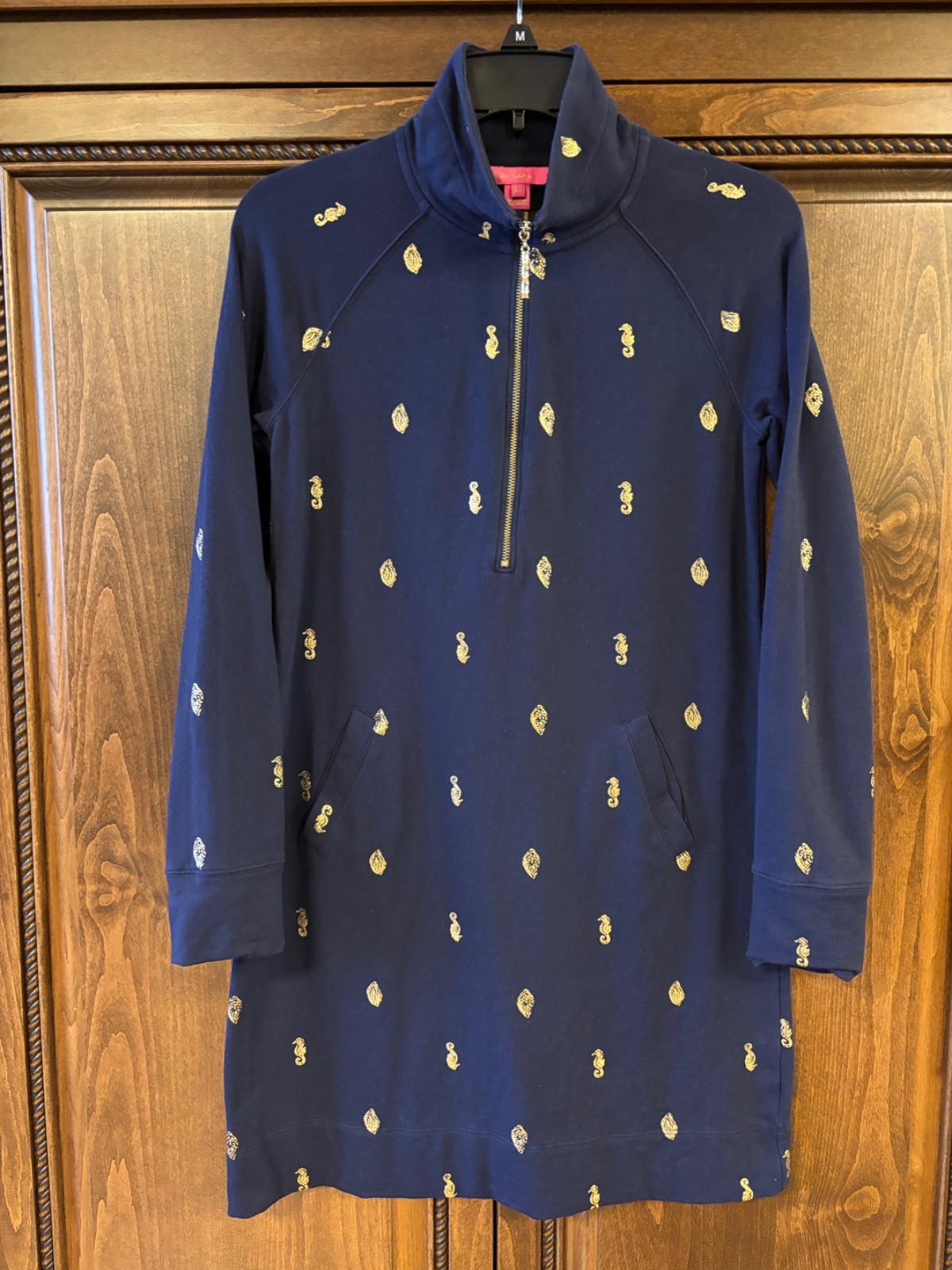Lilly Pulitzer Quarter Zip Sweatshirt Dress, Navy W/ Gold Seahorses size XS