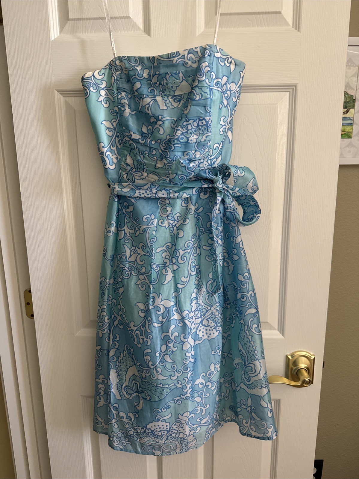 Vtg 90s Lilly Pulitzer Strapless Dress 10 Aqua,White Butterfly Floral